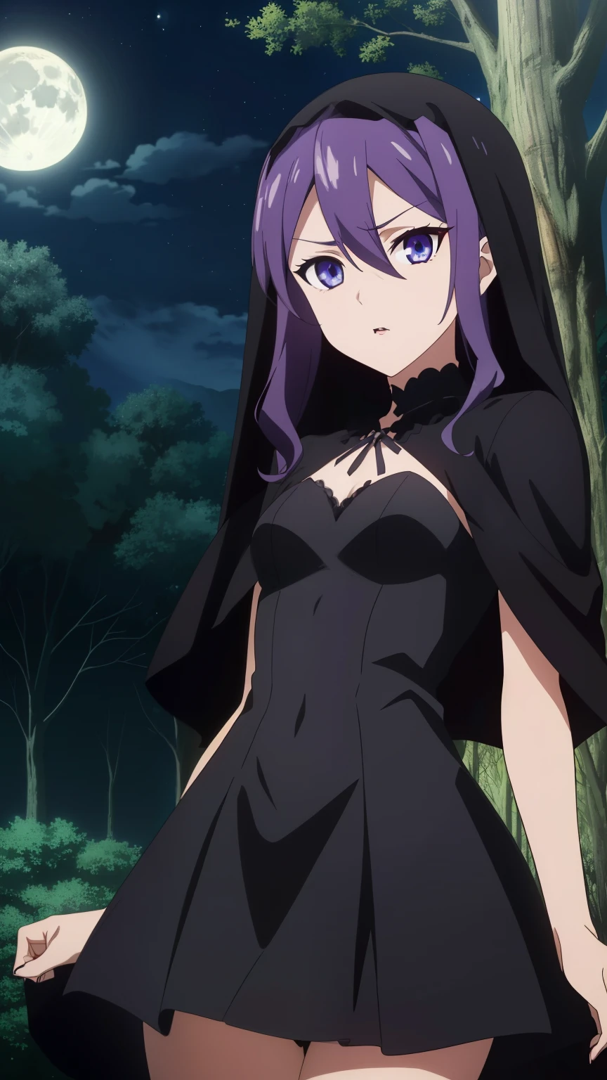 purple hair, purple eyes, 1 girl,alone, (perm hair:1.2), (hair between eyes:1.4), (mature face:1.3), sulky look, (wearing black dress, black veil, beautiful vampire queen, gothic girl, beautiful vampire queen, gothic horror, wearing gothic dress, gothic dark queen, gothic aesthetic, gothic style, vampire mod, gothic outfit, fantasy dark style, gothic art style), (night sky, forest, moon:1.2), 
beautiful finger, beautiful long legs, Beautiful body, beautiful character design, perfect eyes, Perfect face, expressive eyes, looking at the viewer, sexy pose, in the center of the image, High Definition CG Unity, Perfect lit, bright_front_face_lit, (Highest_quality:1.0),(anime), Super detailed, photograph, 8K, nffsw, High resolution, absurdes:1.2, kodak portrait 400, film grain, Lens flare, (lively_Farbe) (beautiful_small breasts:1.1), (beautiful_face:1.2),(narrow_waist), (cowboy shot:1.2),
