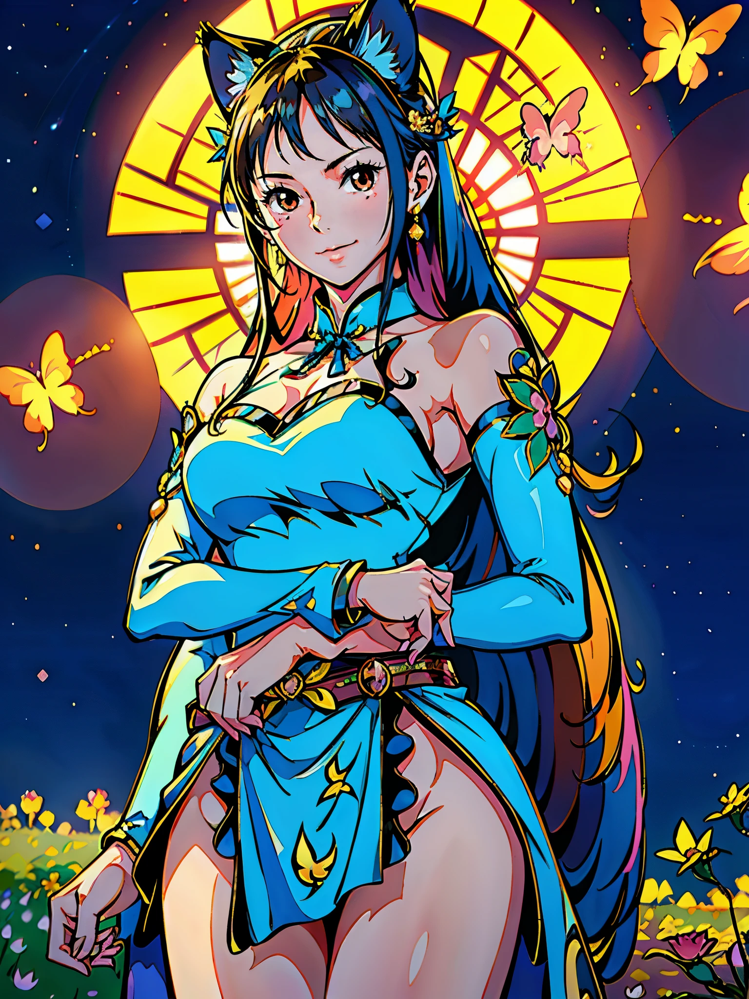 (highest quality, masterpiece, High resolution)、(anime art)、bright light、brown eyes、(Cat ear)、long hair、hair ornaments、choker、Cute face details、enchanting smile、small breasts、whole body、((sakura tropical background))、blue gold silk Chinese kimono outfit, (best quality,4k,8k,highres,masterpiece:1.2),ultra-detailed,(realistic,photorealistic,photo-realistic:1.37), beautiful Indonesian model in a blue gold silk Chinese clothing with downy hair,beautiful Indonesian model with extremely colorful hair and detailed facial features,beautiful Indonesian model standing in a beautiful garden surrounded by a starry sky,beautiful Indonesian model wearing a vibrant blue gold Chineseclothing, beautiful Indonesian model with intricate accessories,beautiful Indonesian model posing gracefully,beautiful Indonesian model with long flowing long hair,beautiful bright brown eyes and rosy lips,beautiful Indonesian model with a joyful expression,beautiful Indonesian model in a dynamic pose with sakura blossoms falling around her,beautiful Indonesian model surrounded by colorful flowers and butterflies,beautiful Indonesian model's pink silk dress adorned with cute bows and chains, thighhightights,beautiful Indonesian model with an enchanting smile,beautiful Indonesian model with soft, pastel-colored shading,beautiful Indonesian model with a magical glow illuminating her,beautiful Indonesian model in a picturesque setting with a winding path leading to a magnificent castle,beautiful Indonesian model with a fairytale-like background,beautiful Indonesian model with a soft, dreamy atmosphere,beautiful Indonesian model with a subtle bokeh effect,beautiful Indonesian model standing under a moonlit sky,beautiful Indonesian model with a warm, golden sunset in the background,beautiful Indonesian model surrounded by twinkling stars and colorful nebulae,creating an ethereal and captivating artistic, cat ears, smiling, sexy outfit, thigh high tights, sit, long hair