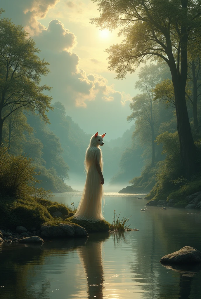 Feminine wolf, Red hair, white fur, Eyes red, NUDE, beautiful, on a lake, forest in the background, realisitic, with their feet facing the photo