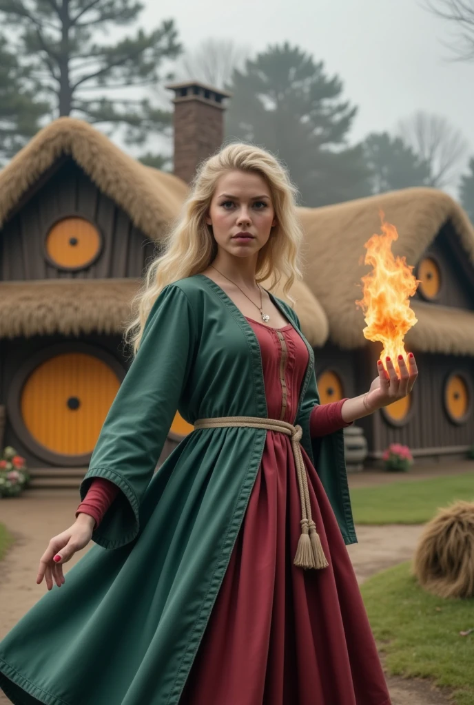 a beautiful concentrated sorceress with long blond hair dressed in a mage robe casts a fireball in a dynamic battle pose against the background of a picturesque hobbit village, cold atmosphere, an intricate mix of colors