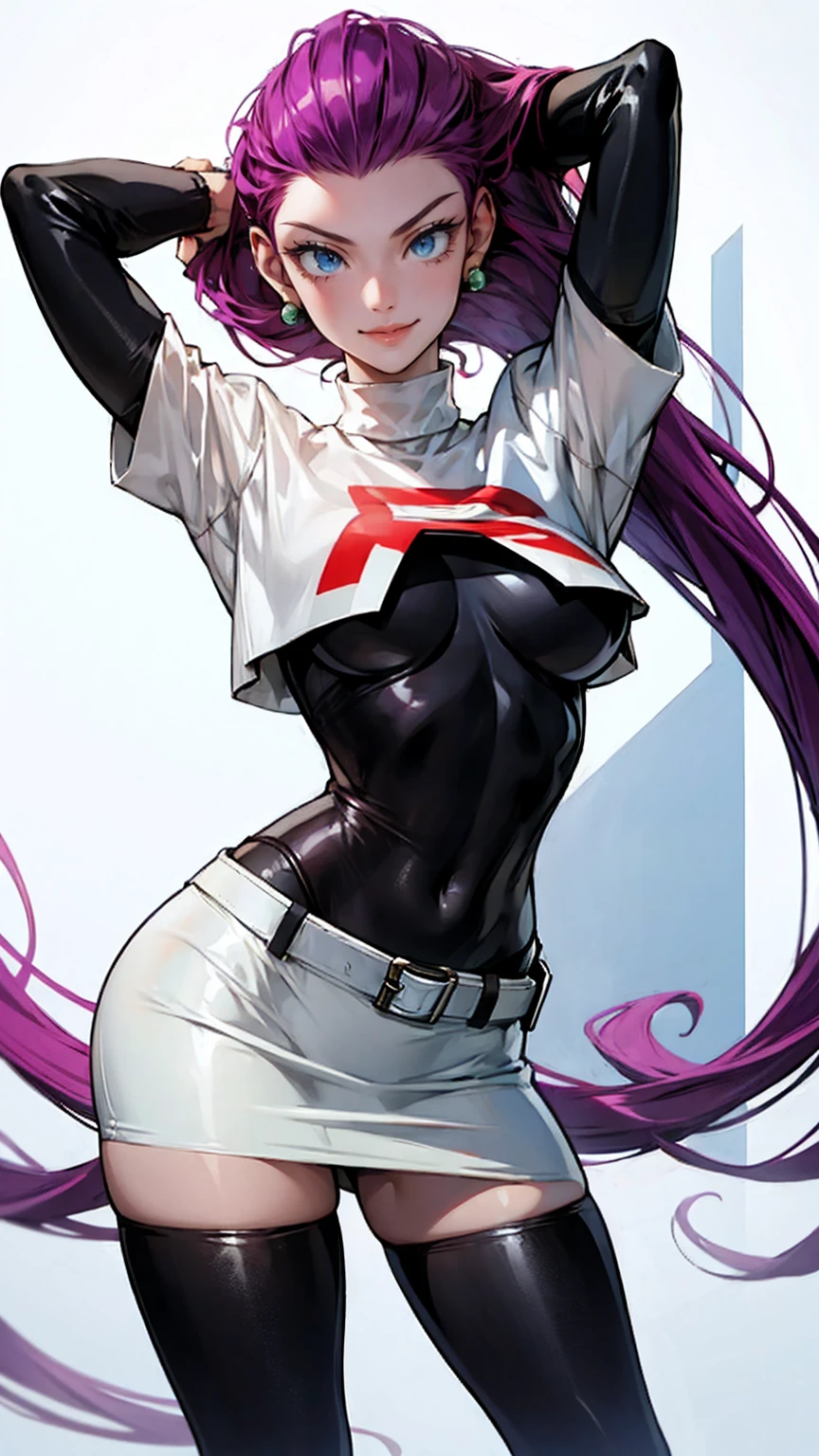 Masterpiece, stunning realistic, best quality, sharpness, 1 girl ,jessie pokemon, solo, team rocket, gloves, hair slicked back, long hair, jewelry, skirt, navel, thighhighs, earrings, elbow gloves, team rocket uniform, crop top, blue eyes, midriff, white background, belt, black gloves, very long hair, simple background, smile, black thighhighs, purple hair, looking at viewer, breasts, white skirt, miniskirt,large breasts,standing in a city,arms behind head ,shirt lift and pants pull concept, (shirt lift:1),cute bra,nipple slip,nipples,show nipples