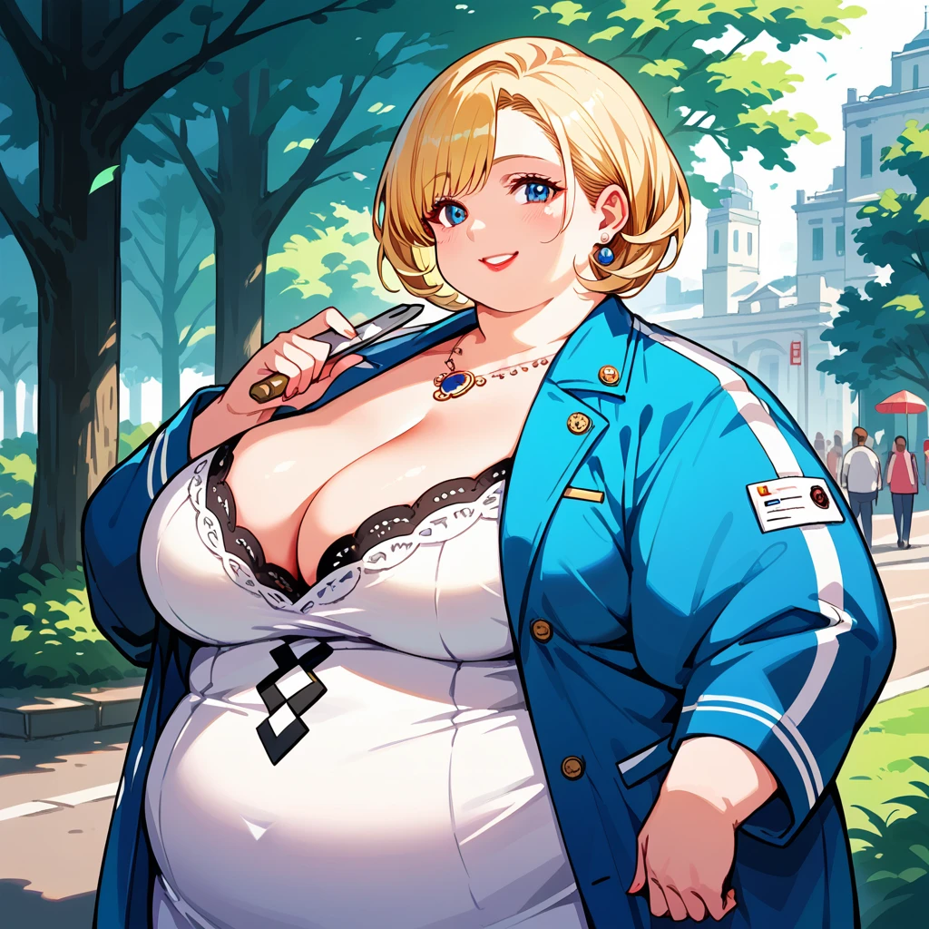 masterpiece, best quality, 1girl, anime girl, obese, voluptuous beautiful, fine, delicate, cleavage, extremely intricate, detailed, blonde hair, large breasts, milf, lipstick, jacket, blue eyes, ((masterpiece)), extremely detailed, best quality, high resolution, ((at a park)), Hannah, smile,  