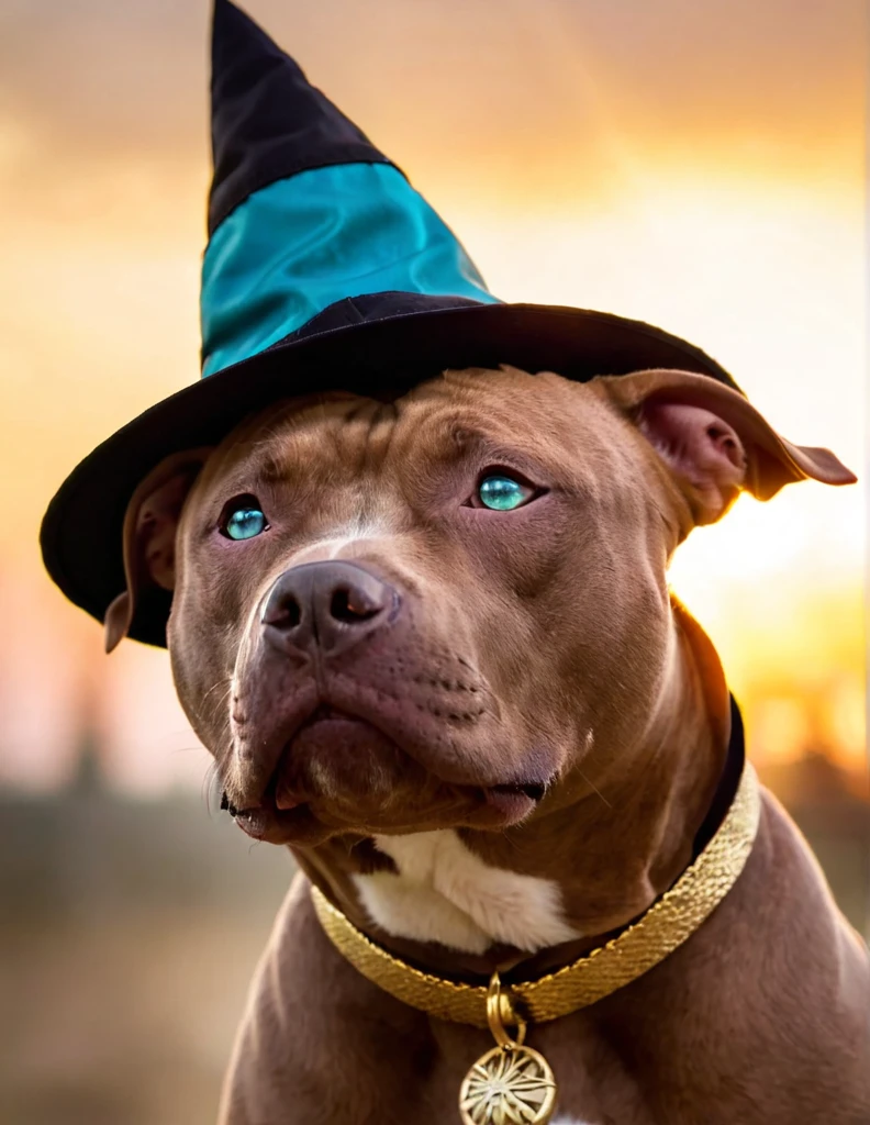 A brown pit bull with teal eyes and wearing a witch hat and witch collar, (epic, fantastic, natural lighting), (dramatic angle), portrait, profile view, perfect eyes, gold eyes, solo, sunset background, blurred background, (8k, masterpiece, best quality:1.2)