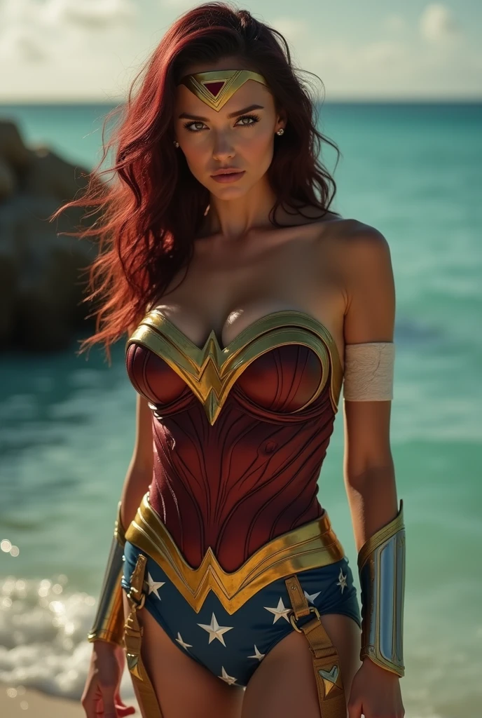 Sophie Turner is Wonder Woman, Stunning scenery, surreal lighting, extremely extravagant lighting, beautiful scenery, tarde, Natural, sunset, sol brilhando escondidoultra gigantic breasts: 1.3, Super Huge Breasts:1.3, ultra huge cleavage:1.3,