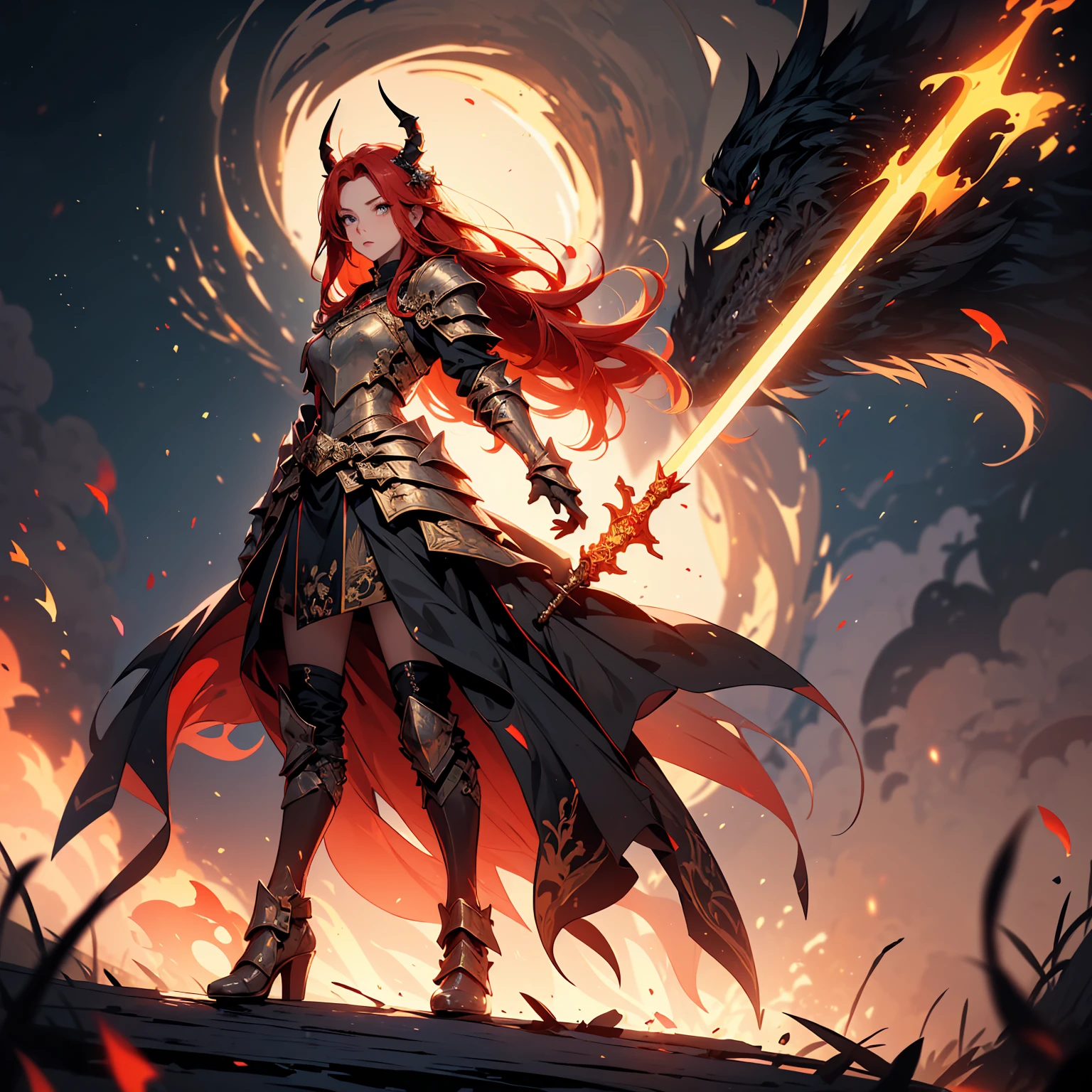 (8k, RAW photo, best quality, masterpiece:1.2), ultra-detailed, 1girl, powerful, armored, battling a dragon, (action:1.2), detailed outdoor setting with a moonlit sky and mountains, (dynamic pose:1.3), detailed face, determined expression, (sword fighting:1.1), (shield defense:1.1), (armor:1.1), (metallic texture:1.1), (dragon:1.1), (fire breath:1.1), (dragon scales:1.1), (background:1.1), (mountain landscape:1.1), (moonlight:1.1), (dynamic lighting:1.2), (blood splatter:1.1), (wound details:1.1), (dragon's claw marks:1.1), (masterpiece:1.3), ((best quality))