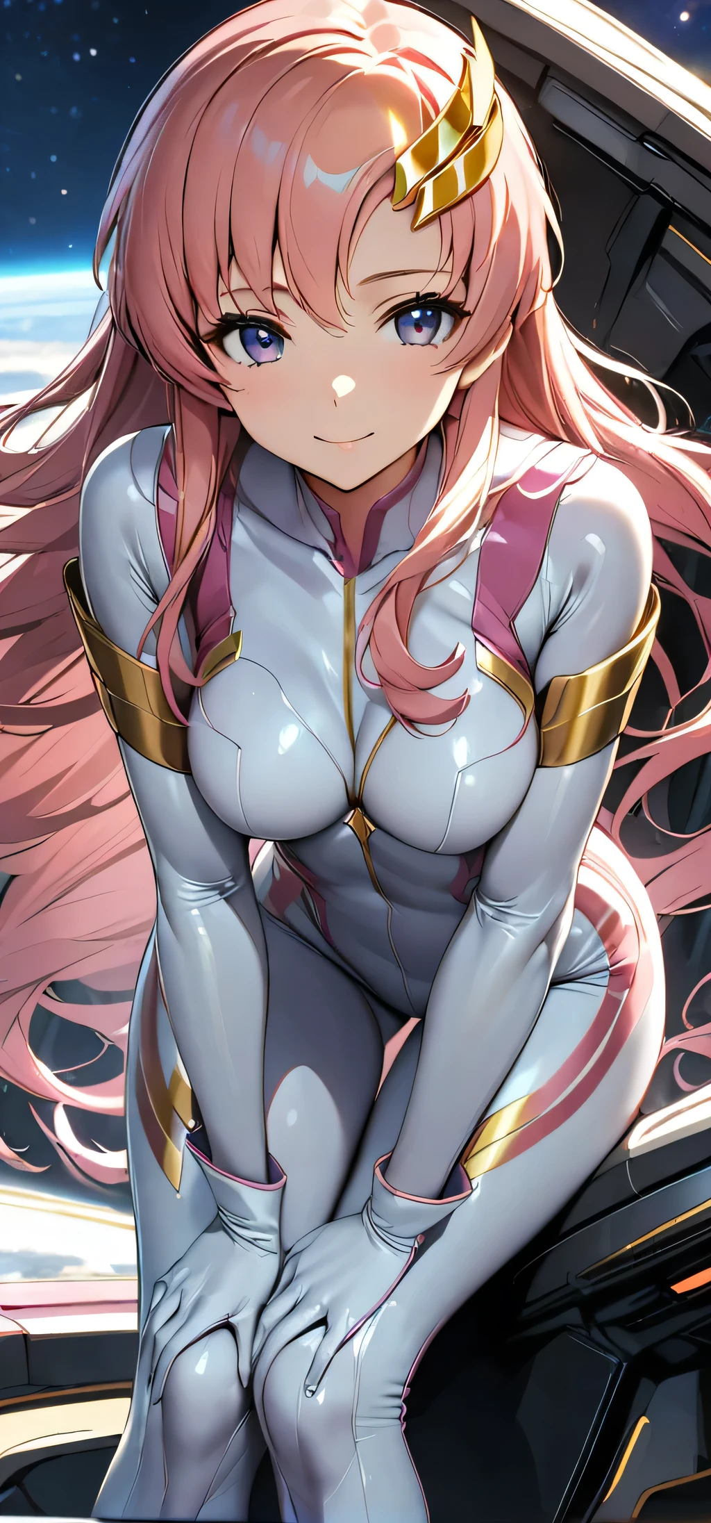 lacus clyne, (white Rubber bodysuit gold and pink lines, bodysuit, white gloves:1.3), , height 1.5meters, chubby 34kg, light purple eyes, (pink hair:1.2), (long hair:1.4), (medium and soft breasts, Slender body, Small Ass:1.4), fair skin, (blue hairclip:1.2), (looking side:1.3), (cockpit:1.3), (leaning forward:1.2), (hands on knees:1.3), starry sky, tele shot, (perfect anatomy), depth of field, delicate details, best quality, anatomically correct, high details, HD, 8k, (perfect hands:1.2),