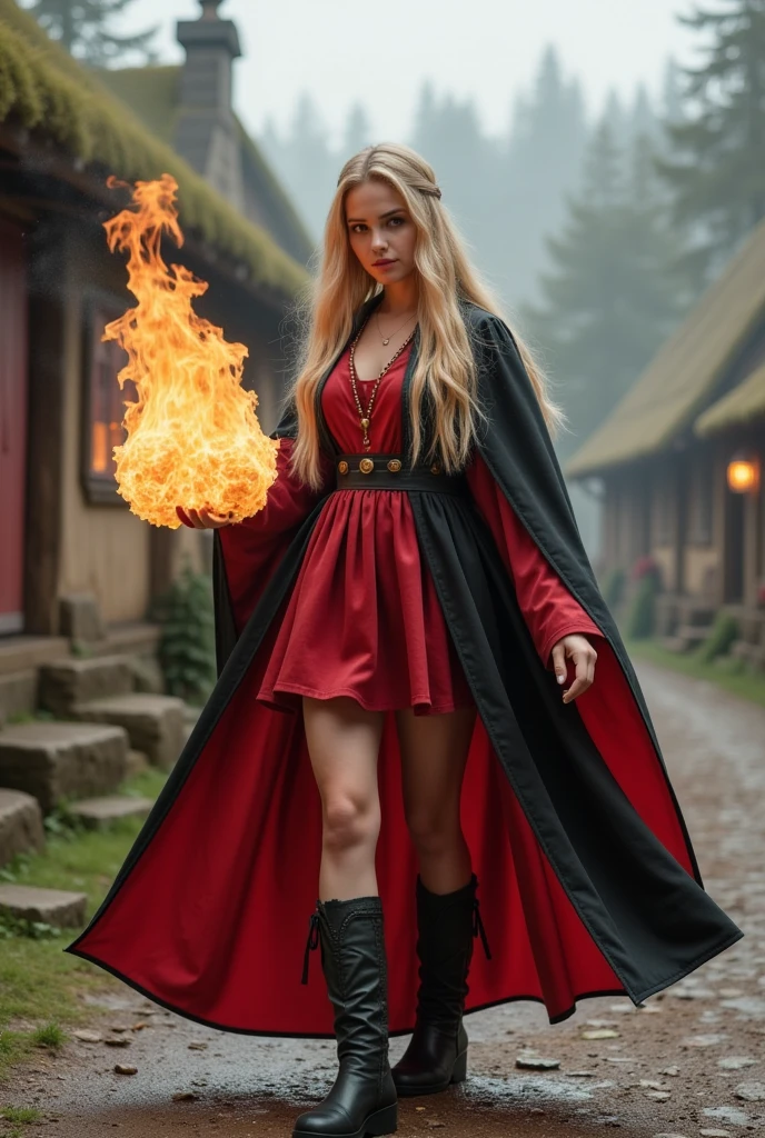 a beautiful concentrated sorceress with long blond hair dressed in a red and black mage robe and boots casts a fireball in a dynamic battle pose against the background of a picturesque hobbit village, cold atmosphere, an intricate mix of colors