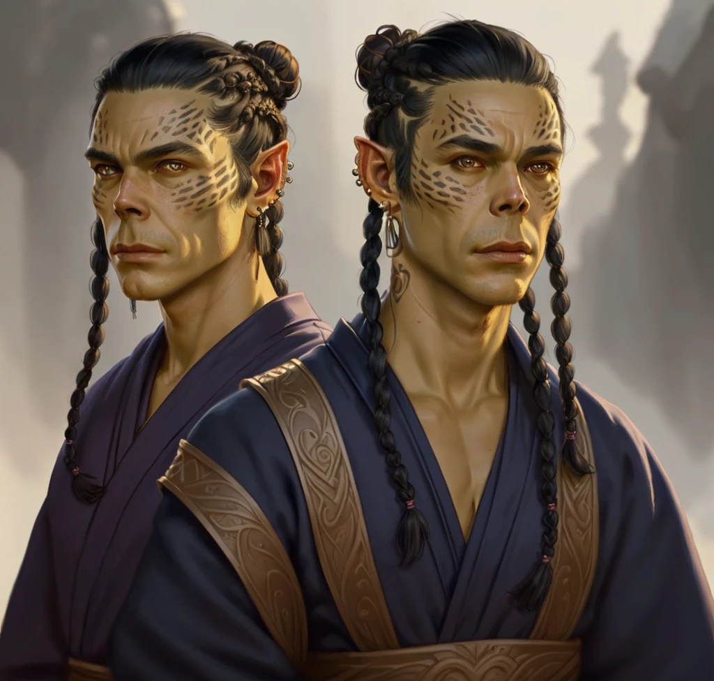 githyanki, solo, looking at viewer, male, blue monk robe, black hair, small braids, bun, spiky earrings, male focus, portrait, hyperrealistic, intricately detailed, ((masterpiece, best quality)), art by greg rutkowski, artwork trending on artstation