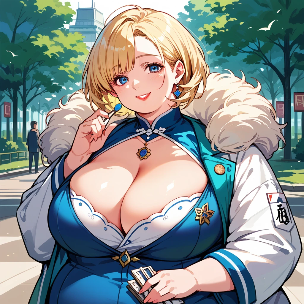 masterpiece, best quality, 1girl, anime girl, obese, voluptuous beautiful, fine, delicate, cleavage, extremely intricate, detailed, blonde hair, large breasts, milf, lipstick, jacket, blue eyes, ((masterpiece)), extremely detailed, best quality, high resolution, ((at a park)), Hannah, smile,  