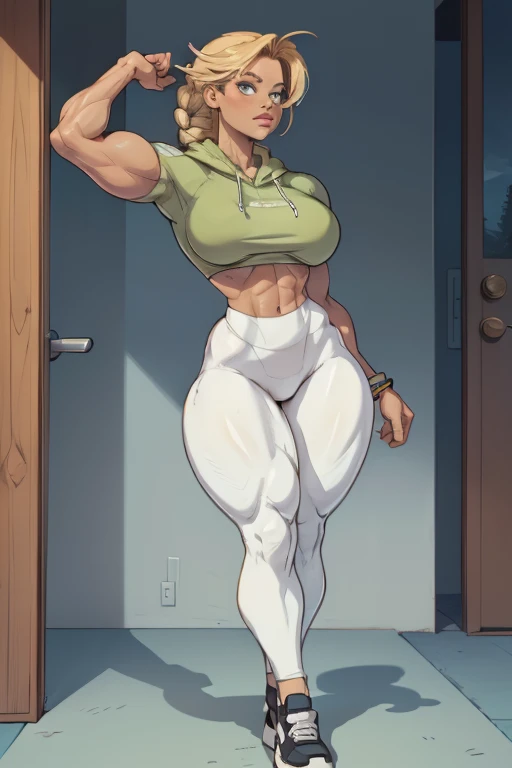 Blonde hair, muscle girl, big breast, long hair,tomboy, sharpteeth, blue eyes, smug smile, living hair, blush, standing, pants, full body, muscular, wearing crop top,  wearing red panties, exposed thighs, sexy wide hips