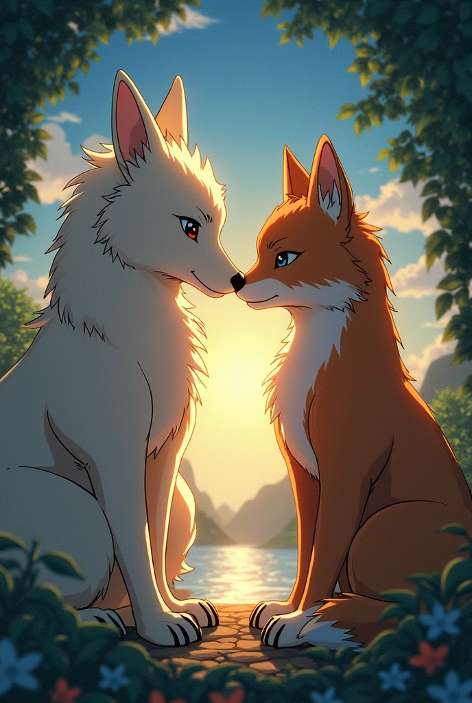 score_9, score_8_up, score_7_up, fox, anthro, female, brown fur, long hair, flowing hair, wolf, anthro, male, black fur, couple, hugging, embracing, waterfall, mountain, jungle, sunset, bathing, water splashes, dynamic lighting, beautiful, serene, relaxed expression, content, happy, love