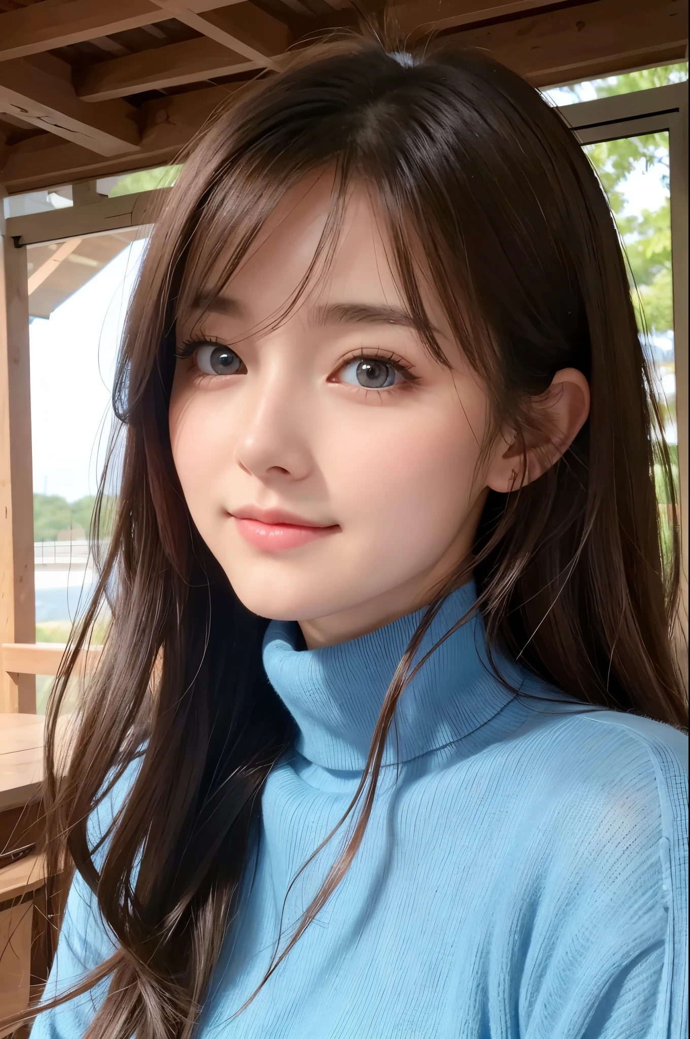 (1 girl),smile、Look into the camera、necklace、Braided hair, turtleneck sweater、The material is smooth and flexible.、exposed upper arms、Blue-green striped knee-length socks Extra long twin tail hair、close range shooting、Flower Hair Ornaments、Blindfold、Garter、 Masterpiece, Highest quality, 8ก, beautiful girl, young face、 photography, Cute face, thigh,in the stream,、รอยsmile、small waist, blue eyes(((The chest is erect.)))(((round chest)))(((big breasts:1.0)))
