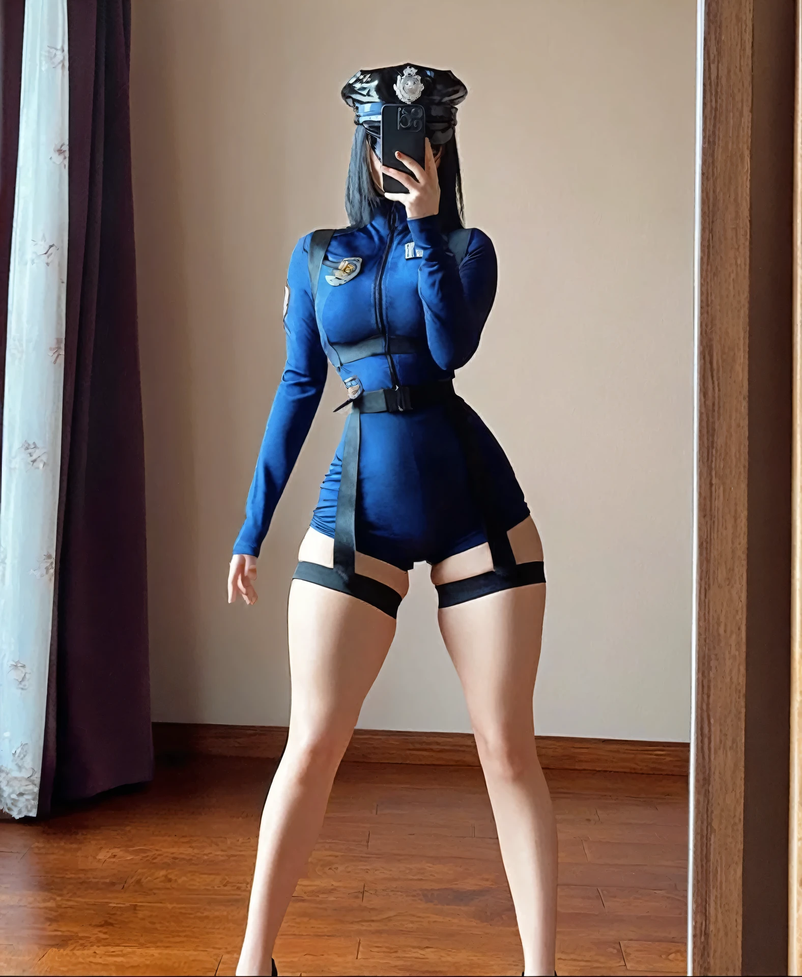 girl with a perfect figure and blue uniform, long hair, high contrast (Natural skin texture, Hyperrealism, Soft Ligh, sharp), portrait, full body