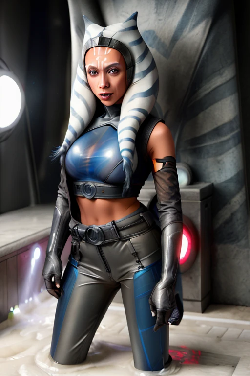 AHSOKA TRANSLUCENT latex outfit uniform, LYING IN A PUDDLE OF CUM, SOAKING IN CUMFOUNTAIN, mouth full of slime ,missing her pants, sex pose, jamesdaly artstyle, best quality, veins popping out on her skin. She is being brainwashed into becoming a Borg, with an eyepatch covering one eye. There are cables attached to her body, merging with her flesh. The overall scene has a luma effect, giving it a surreal glow. The woman's face is extremely detailed, with intricate features and expressions. Her eyes are particularly captivating, with a mesmerizing quality to them. The image is of the highest quality, with 4K resolution and ultra-detailed rendering. It has a realistic and photorealistic appearance, almost resembling a masterpiece. The art style leans towards a cyberpunk concept, with a fusion of sci-fi elements. The color tone is dominated by shades of blue, giving it a cold and futuristic atmosphere. The lighting is dramatic, with bright highlights and deep shadows, adding intensity to the scene.