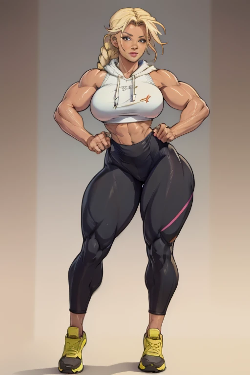 (((only one woman on picture,))) fullbody view, 20 yo cute woman, extremely attractive, blonde long braid, short hoodie top, ((yoga pants)), perfect sixpack abs, strong well defined muscle, ultra massive female bodybuilder, perfect and flawless musculature, great muscle definition, sl extremely muscular