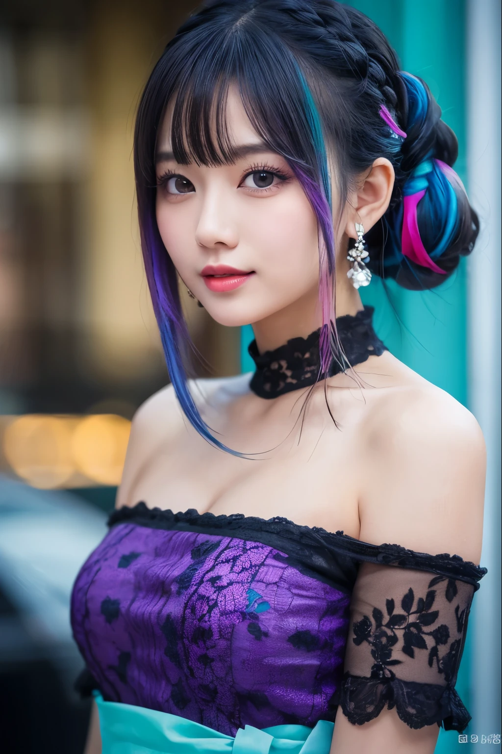 high quality, real、High resolution, Realistic、8k、masterpiece, detailed.impressive, Cutting-edge female photography portraits,Gentle expression、smile、 Looking at the camera、Facing forward、cyan, and purple, Her vibrant makeup really catches the eye.. Her colorful hair is tied up high, Neon Town