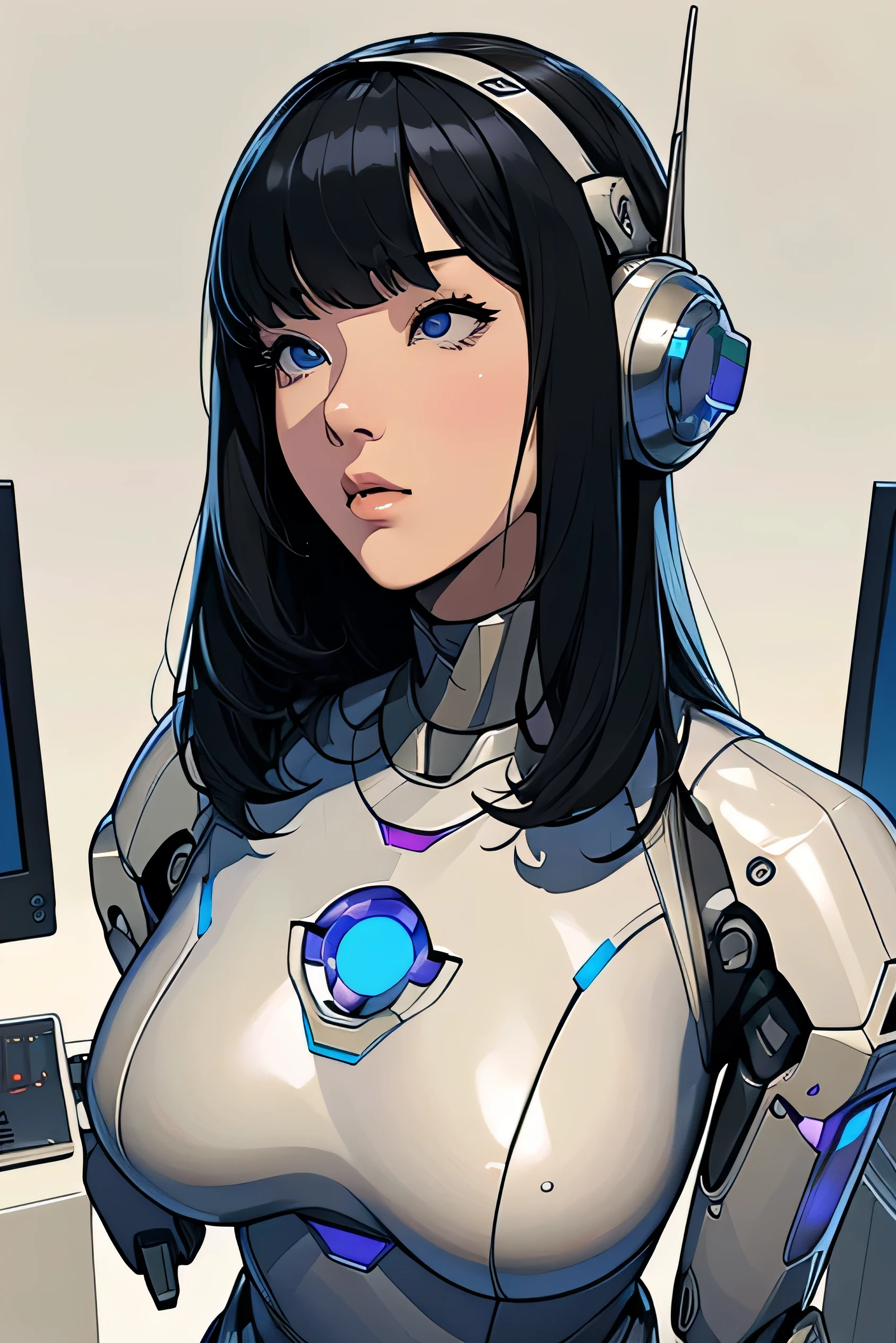 masterpiece, best quality, extremely detailed,Japaese Android girl,chubby,Plump , control panels,android,Droid,Mechanical Hand, Robot arms and legs, Black Robot Parts,Black hair,Mechanical body,Blunt bangs,White robotics parts,perfect robot girl,future information counter,reception,long tube,thick cable connected her neck,ceramic body ,mechanical body,android,robot,humanoid,cyborg,information office,japanese android receptionist ,mechanical chest,blue eyes,rolling eyes