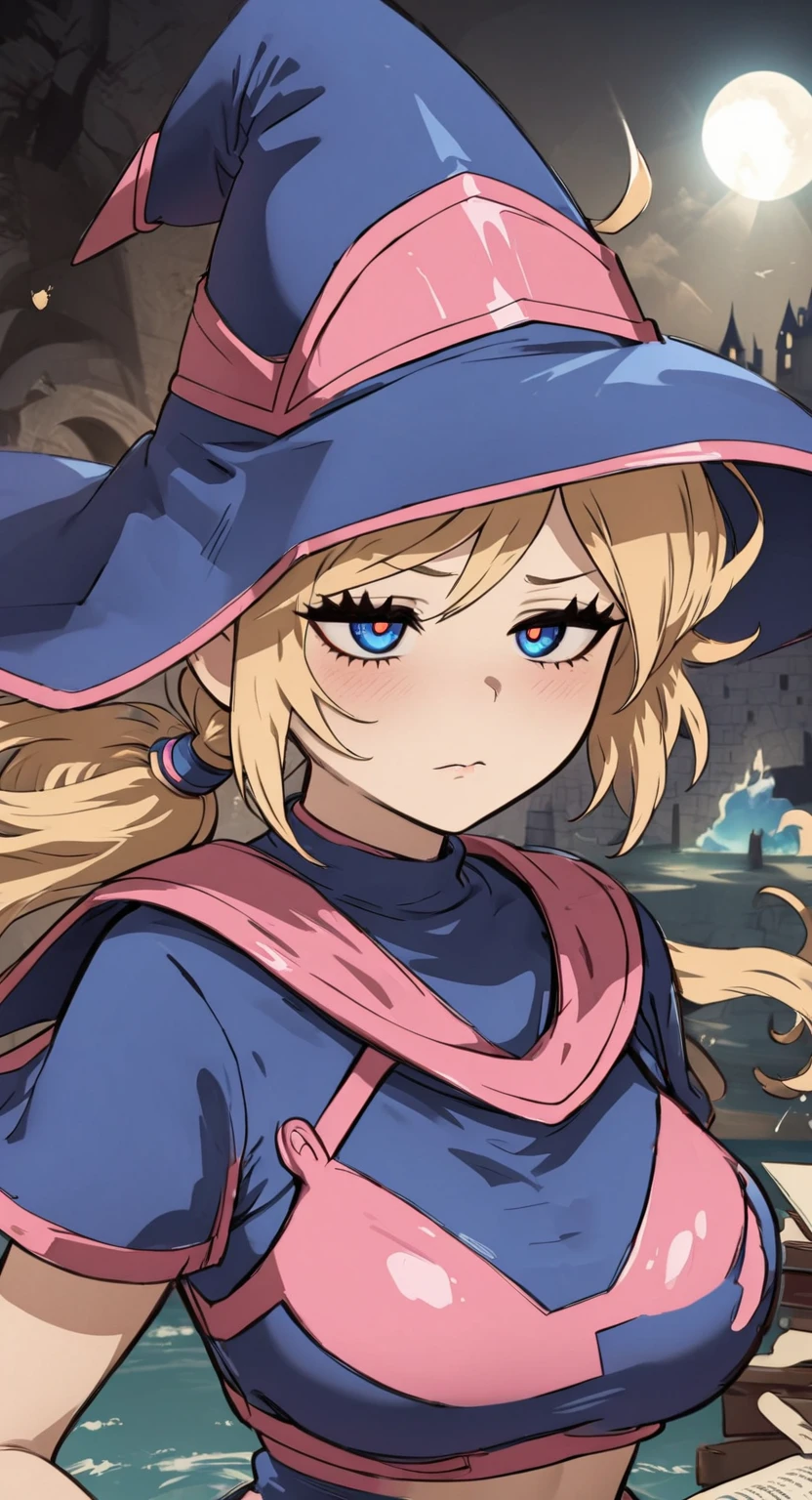 dark magician girl, masterpiece, best quality, (1girl), solo, (water), long hair, blonde hair, blue headwear, wizard hat, spell casting, castle, castle:2, motion blur, book, magic, (moonlight:1.2), chromatic aberration, depth of field, soft lighting, highly detailed face, highly detailed eyes, 