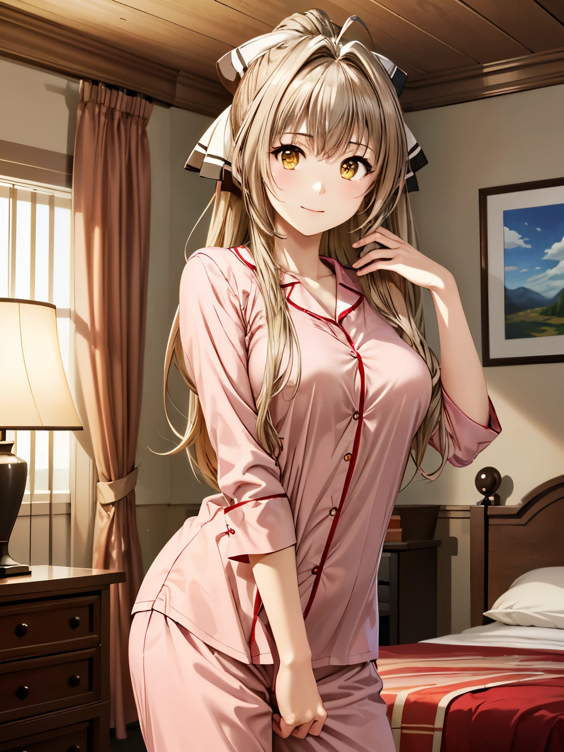 (masterpiece、Best Quality)、Isuzu、(Anime illustration style:1.2),1 Girl、Sento Isuzu,pajamas、indoor、(bet、A lovely Western-style room:1.3)、Standing、smile、Closed Mouth、Blonde Hair、Long Hair、ponytail、Yellow Eyes、Hair between the eyebrows、Hair Ribbon、ショートパンツのpajamas、Hands behind head、Sharp pupils、High resolution、High resolution、 super fine painting,、(Very detailed、color、Sparkle)、(Genuine、Real、 Realistic:1.3)、High resolution、超High resolution