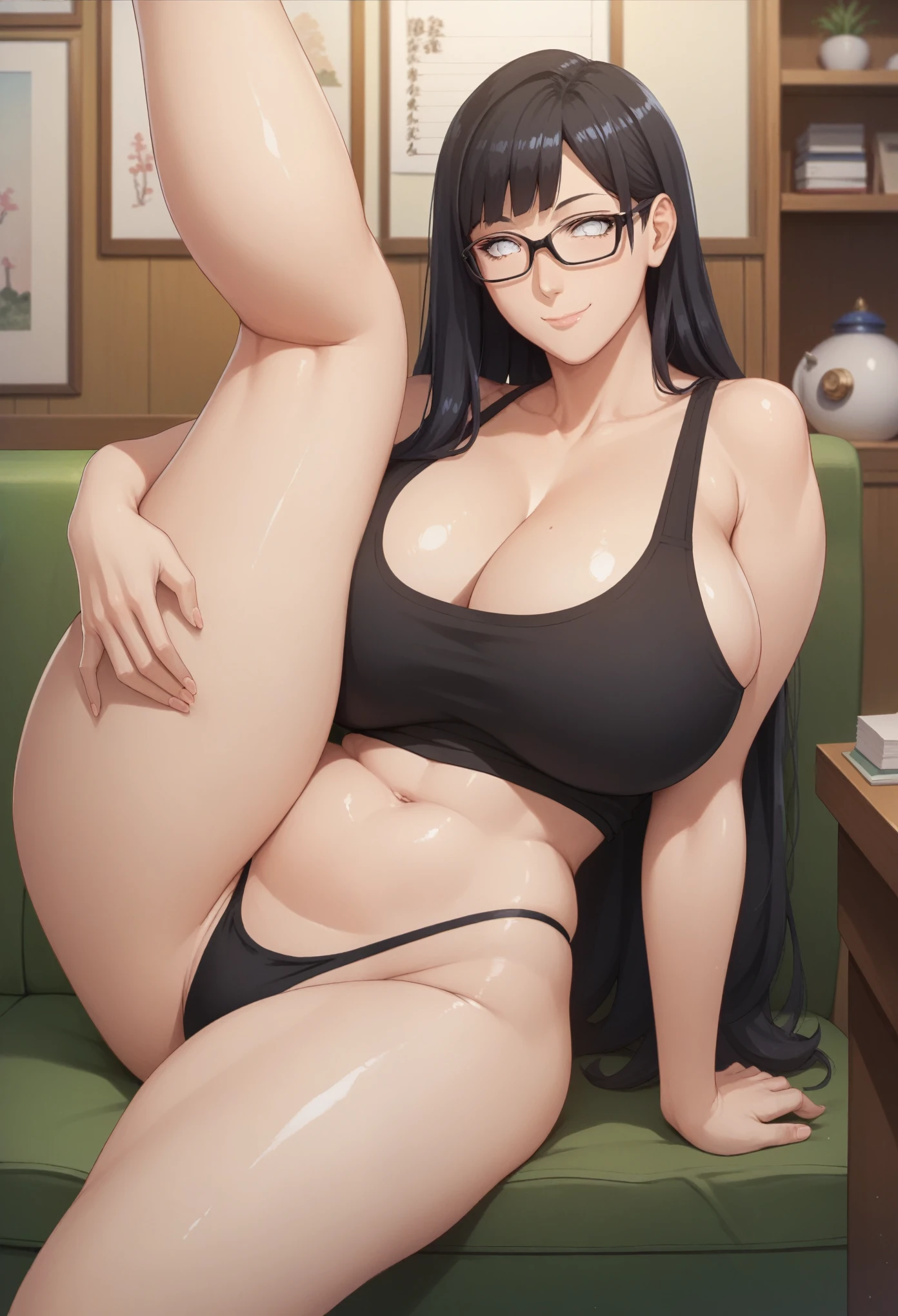 Hinata Hyuga, black glasses, white eyes, Black hair, Bangs hair, long hair, sidelocks, high leg thong, black mini tank top, under, curvy, wide hip, huge breasts, navel, mature female, milf, thick thigs, sitting, leg lift, mischievous smile, aroused face, closed mouth, japan interior, indoors, absurdres, anime art style, (shiny Skin:1.1), (masterpiece:1.2), (best quality:1.2),
