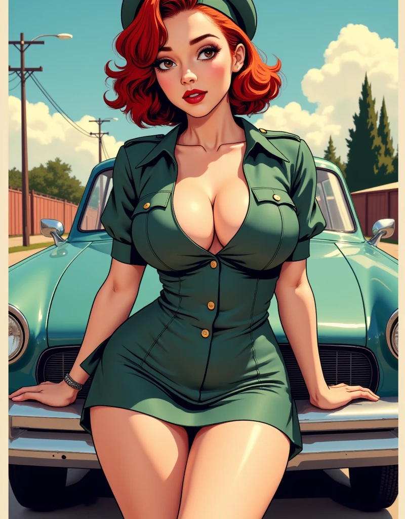 An intricate illustration of a pinup girl in a military uniform with cleavage that accentuates her round boobs, she is leaning in a provocative pose against a retro car. She has short, wavy red hair and striking red lips, with makeup enhancing her beautiful features. She's wearing a beret uniform in a comic style with flat colors. Her gaze  and smile are sensual, and she's dressed in a mini skirt that accentuates her wide hips and small waist.