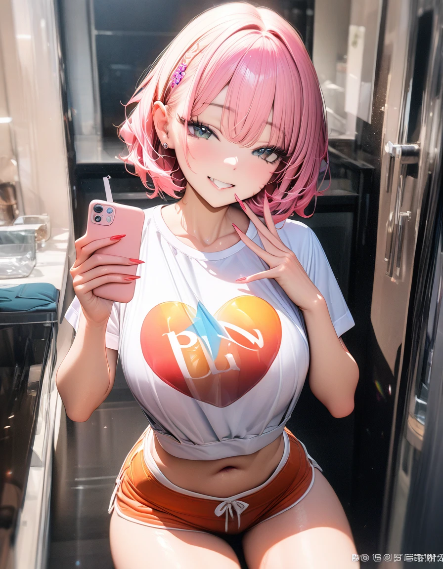 (Highest quality, 4K, 8k, High Resolution masterpiece:1.2), Very detailed, Picturesque, Anime-style photos, Photo Animation:1.37)、a beautiful girl、(Brunette Hair)、(pixie cut)、gyaru、tan、in the room、Female masturbation、sex toy、vibrator、small adult toy touch nipple、Ecstasy face、trembling、Sweat、Drooling、crying、vapor、Black choker、pierce、necklace、bracelet、selfie