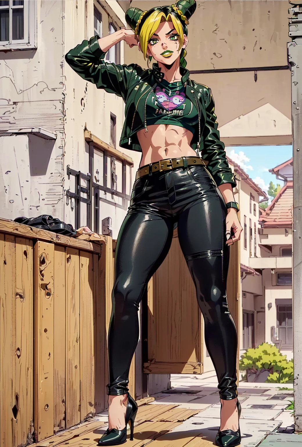 ((Masterpiece, 1girl, solo, alone ((jolyne, Jolyne_Anime, JolynCujoh, colored hair, green hair, yellow hair, hair bun, braided hair, black eyes)), Smug)), ((pink lipstick, Extremely detailed, ambient soft lighting, 4k, perfect eyes, a perfect face, perfect lighting, a 1girl)), ((fitness,, shapely body, athletic body, toned body)), (( biker woman, rocker woman, punk woman, black jacket, leather jacket, gray t-shirt, black pants, leather pants, belt, leather  park, square, trees, buildings, sunny day, smug, night sky, night, smug, high heels))