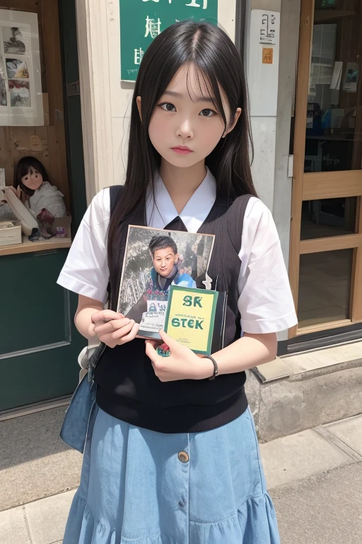 A little girl, gray school uniform, (khaki's pants), smile, caricature,