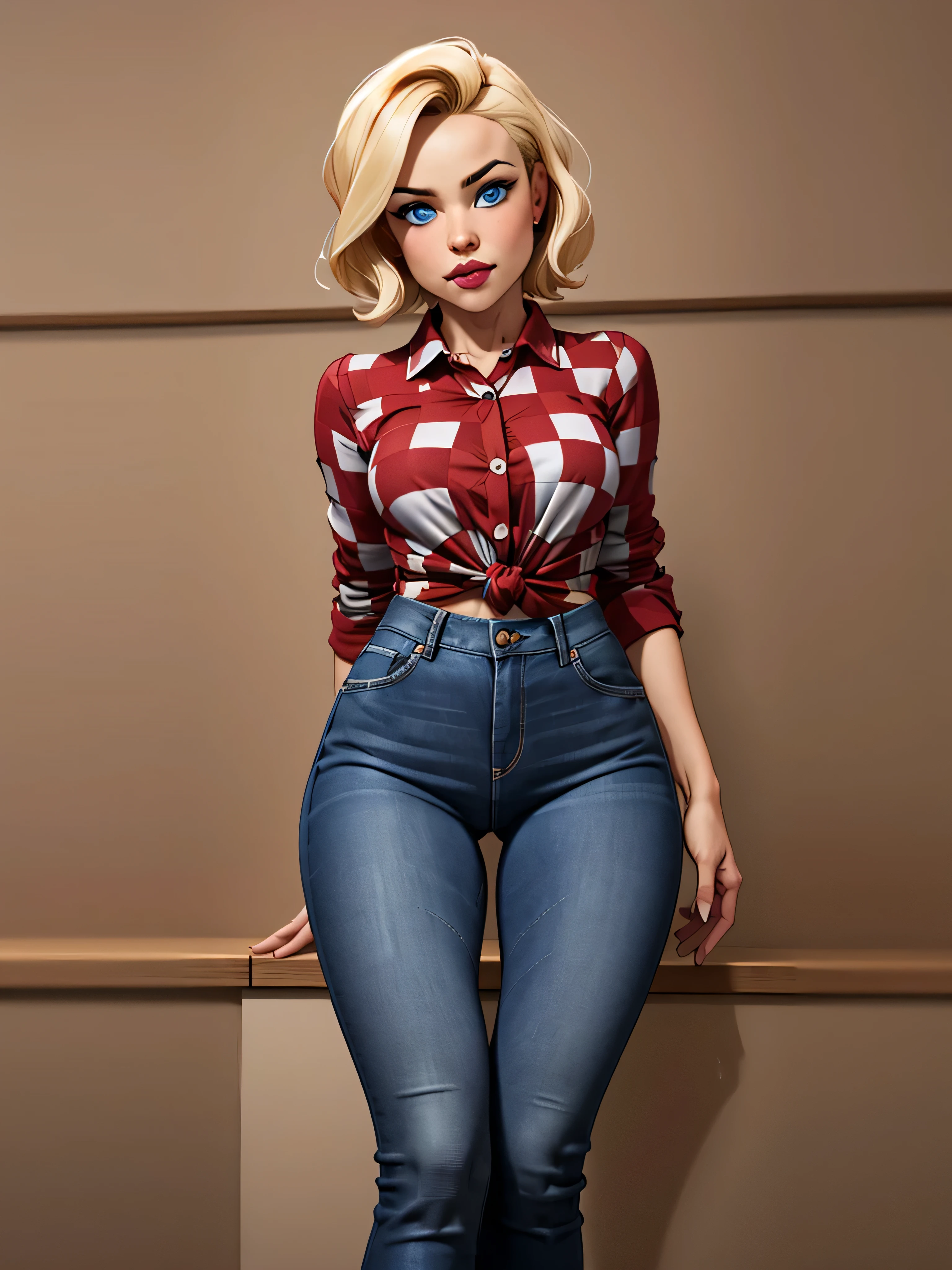 Girl with short blonde hair, blue eyes, wearing a red checkered collared shirt, with a knot at the bottom of the shirt, wearing tight jeans