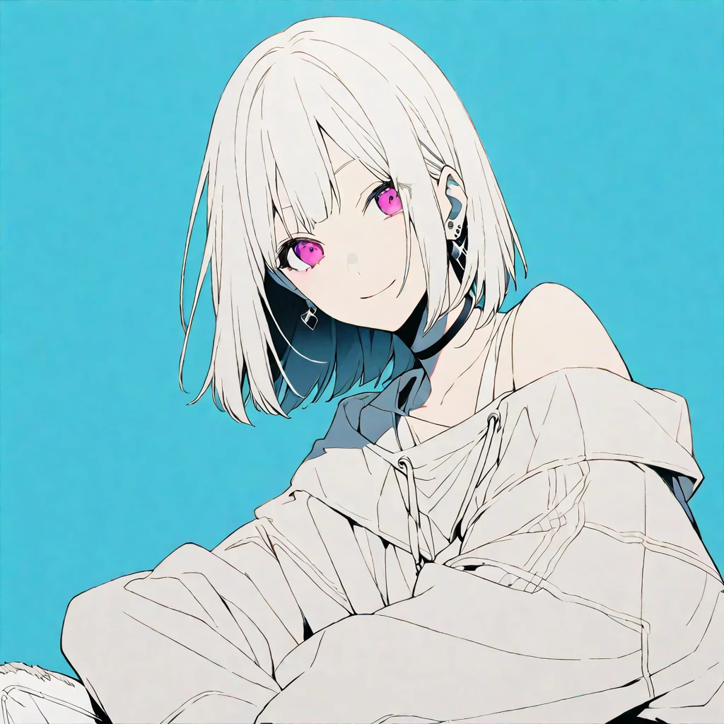 solo, handsome, monotone,
1. Female,
Hime cut,Straight Hair,Bob Hair, 
White hair, 
Nakano Yotsuba,
pink Eyes,Soft look,beautiful,beautiful,Sexy,Lots of silver earrings,choker,
White Off Shoulder,White Distressed jeans, hoodie ,smile,skin,
light blue  background,