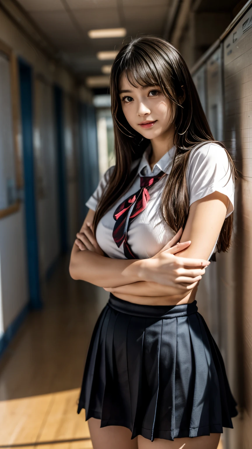 High school girl ((Sexy and confident)), Slender and curvy, (masterpiece, best quality), Satisfied expression, (Real picture, Complex details), (1 woman, alone, firm breasts, No muscles seen, A soft and feminine body), Long, flowing hair, sharp and Teasing eyes, (Tight school uniform, Mini skirt, Revealed above), Stand confidently in front of you, Playful and mocking gesture, Crossed arms or hands on hips, (The background is a school corridor., Normal settings, Lockers and posters in perspective), A smirk on the lips, direct gaze, (Teasing, Playful prominence), background: High school corridor, Normal school day, Relaxing atmosphere, Fluorescent light.