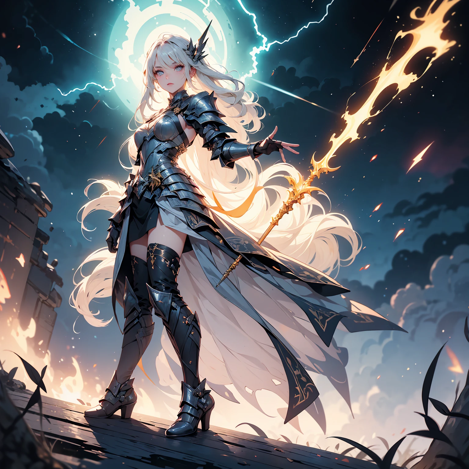 anime girl in a field with lightning in the sky, goddess of lightning, splashes of lightning behind her, with lightning, detailed lighting and thunder, she is attracting lightnings, lightning fantasy magic, japanese lightning goddess, anime lighting, detailed digital anime art, lightning, volumetric lightning, lightning!!, with lightning bolts, epic lightning, anime epic artwork