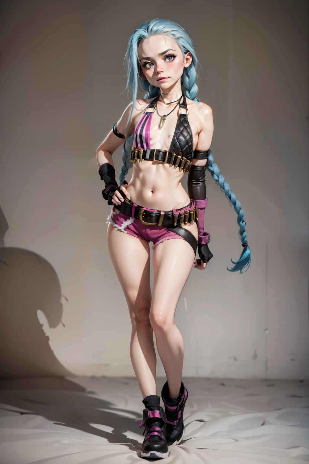 Mantis X, Jinx \(league of legends\), 1girl, blue twin braids, single elbow glove, short shorts, bikini top only, necklace, belt, bullet, fingerless gloves, 1girl, l0li, 10yearsold, childish body, teen, thin, skinny, slim, young pretty face, thin lips, short stature, compact body, petite limbs, broad pelvis, wide hips, thick thighs, huge ass, small chest, cameltoe, cunny, cute, smug, simple background, full body, hands free,