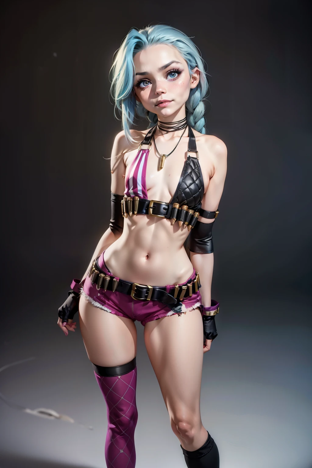 Mantis X, Jinx \(league of legends\), 1girl, blue twin braids, single elbow glove, short shorts, bikini top only, necklace, belt, bullet, fingerless gloves, 1girl, l0li, 10yearsold, childish body, teen, thin, skinny, slim, young pretty face, thin lips, short stature, compact body, petite limbs, broad pelvis, wide hips, thick thighs, huge ass, small chest, cameltoe, cunny, cute, smug, simple background, full body, hands free,