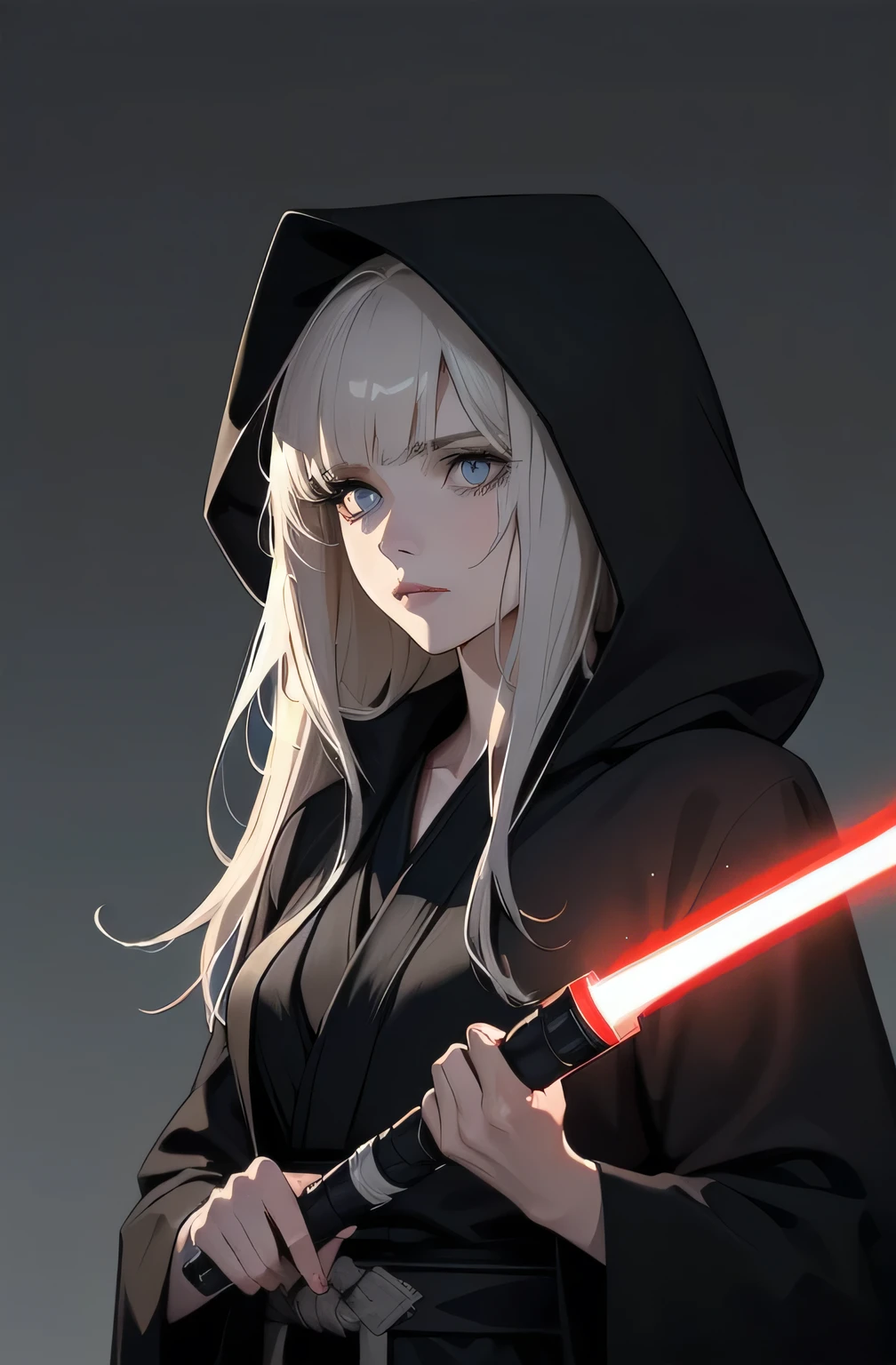 Shadow Face、Star Wars, jedi, black jedi robe、Black Robe, black belt,Star Wars concept art, Star Wars、jedi、Lightsabers、Black Robe、jediの服、Black hoodを被る、Star Wars、beautiful girl、cute、Droopy eyes、Random hair color、Beautiful Long Hair、Straight hair、bangsBangs、bangs、hime cut、Big Breasts、Slim body、slim、(Best Quality,4K,High resolution,Masterpiece 1.2),Very detailed,Real 1.37,Spooky Background,Dark fantasy,Black Theme,Ominous atmosphere,Eye-catching,Anime Style,Concept Art,beautiful, Gentle features, pale Skin, night、Dim lighting、Dark Background, Cinema Lighting, Dramatic Shadows, Spooky atmosphere, Dark words, 1 person&#39;S, Red cheeks, ,(Lightsabers1.3),Ruins,(Wasteland 1.3),((Random hair color)), Female Curves, Sexy flat stomach, Perfect hands, Extend one hand、Perfect anime character face, (Black hood)), standing, ((Black Robe), ,(Star Wars 1.3), In the woods, Moonlight Illumination, Night lighting, jungle、Space Fantasy,SF, Skeleton Gas Light,Absurd, High resolution、 ((Star Wars)), ((Best Quality)), (Very detailedな), ((Very detailed)), (beautiful), ((cute)), 1 person,(1.6)、beautiful face、Full Body Ezbian、pale, Beautiful skin、Big Breasts、Beautiful body、Slim body、beautiful feet、Smiling Kindly、Dark Building Ruins、(Ruins 1.3)、Low angle full body shot、(Random Background 1.3)、(Random Lightsabers Color 1.3)、Spirits、Droopy eyes、bangs, Long Hair, Star Wars、jedi、Blue Lightsabers、Ready your Lightsabers、Star Wars Background、Ruins、In the woodsで、night