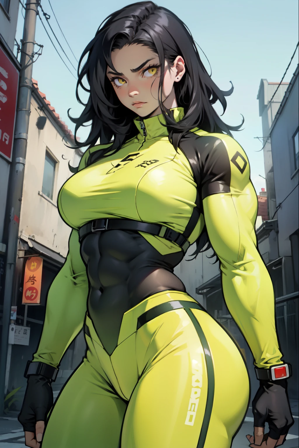 ((((muscular 1girl)))) (((thick toned body breasts))) (pale skin) black hair yellow eyes very long hair expressionless expressionless skintight