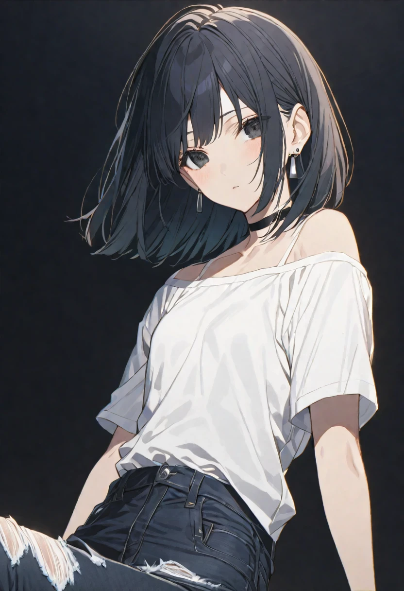 solo, handsome, 
1. Female,
Hime cut,Straight Hair,Bob Hair, 
BLACKhair, 
Nakano Yotsuba,
BLACK Eyes,Soft look,beautiful,beautiful,Sexy,Darkness,Lots of silver earrings,choker,
White Off Shoulder, White shirt, Short sleeve ,Distressed jeans,
skin,
BLACK  background,