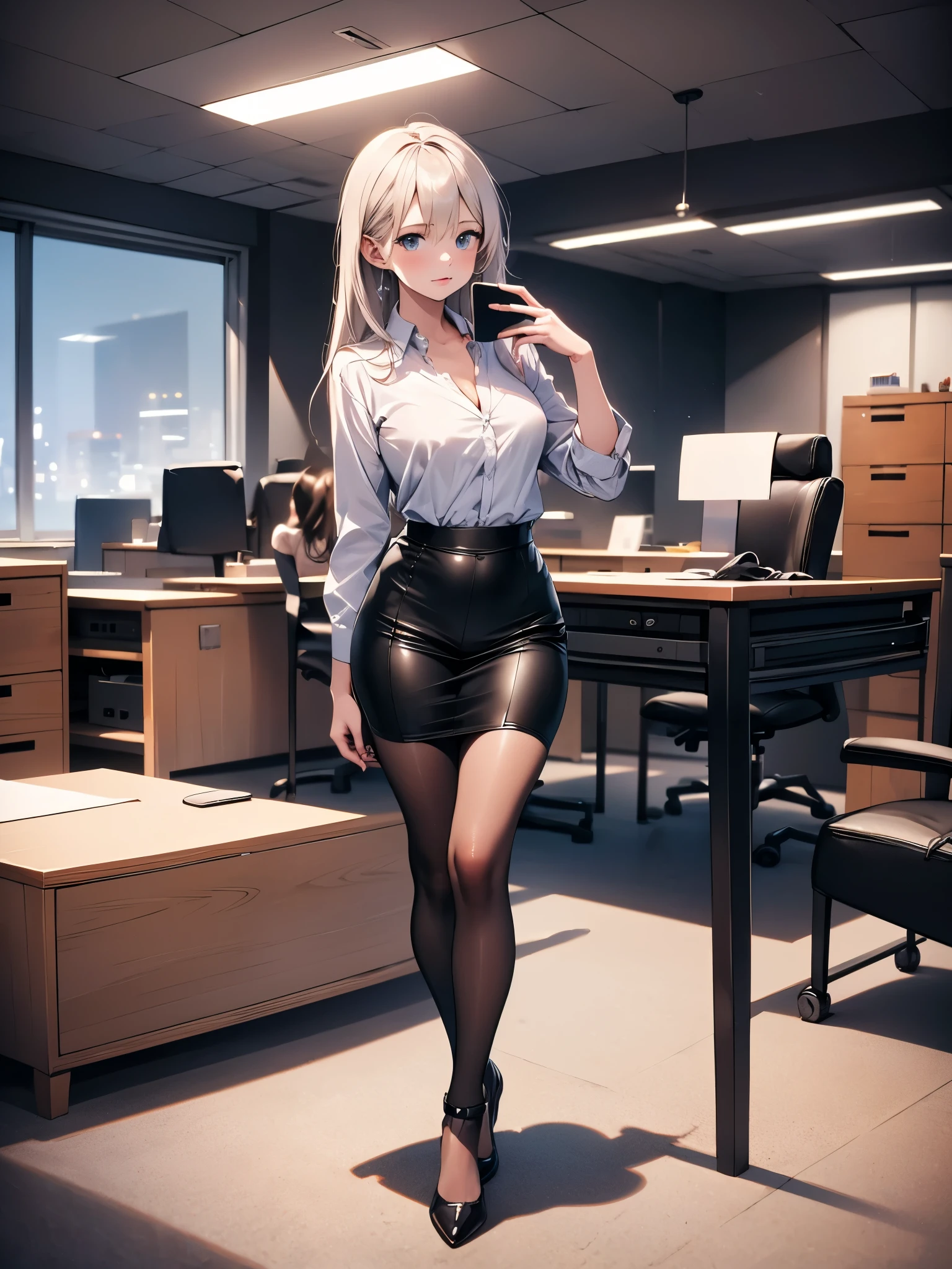 (solo 1 very skinny office lady standing in office:1.3), (swaying back), standing exactly, (arms behind back), (business suits:1.3), (black blazer with closing chest:1.3), (white dress shirts under blazer), (bursting gigantic huge breasts:1.2), necktie, (inconceivably narrow waist:1.2), too short black skirt, thigh gap, highheels, nose blush, perfect anatomy, (orgasm), pussy juice dripping down things