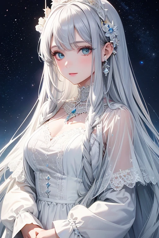 At the center of the anime world, depicts a lovely daughter, Her upper body is elegantly dressed in a rustic white dress. Her big, Beautiful eyes sparkle with beauty and tenderness. long, The flowing white hair hangs down from her side, Outline her delicate facial features. Gray-white hair is cleverly exposed from under the headband, Adding a touch of maturity to her youthful appearance. Her big眼睛闪烁着慈祥的光芒, She embodies the essence of anime cuteness.