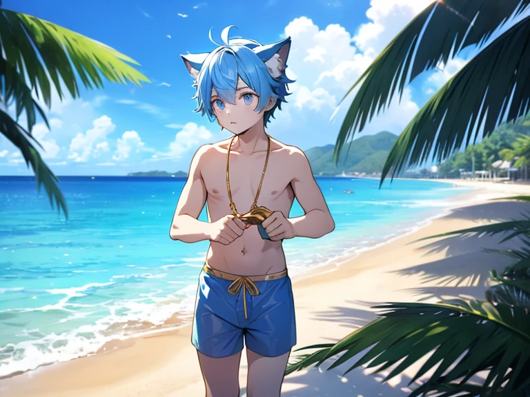 Cute young man, blue hair, gold eyes, cat ears, swimming trunks, beach background 