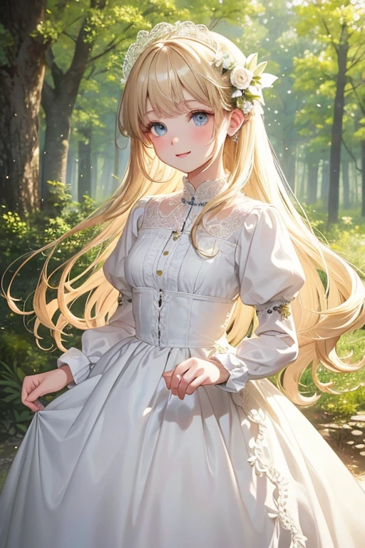 (masterpiece,highest quality,超A high resolution),japanese woman,1 girl, (((Very beautiful 14 year old girl))), pretty girl、look at the photographer､  ((beautiful blonde short bob hair)), super cute face, glossy lips, double eyelids in both eyes, blue eyes, natural smile、 natural makeup, long eyelashes, Shiny and smooth hair､center image,  perfect limbs, perfect anatomy,(((witch,frilled chiffon dress,mini pleated skirt)))、in the woods, 