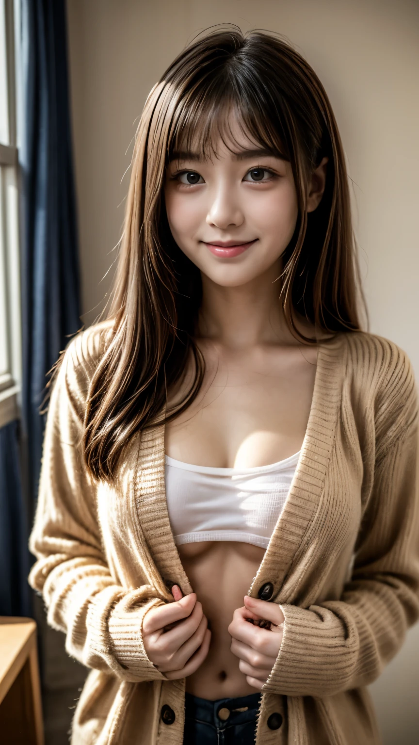 raw photo, 8k, (top-quality), Realistic, (real picture, Intricate details), (natural skin texture, detailed skin, hyper realism, sharpness), (Japanese teenage girl sitting on bed in a old inn), cleavage, (navy cardigan), White bra, Short pleated skirt is plaid, (pale skin:1.2), slender body, (baby face, Parted lips:1.3, blush), shy smile, wavy hair