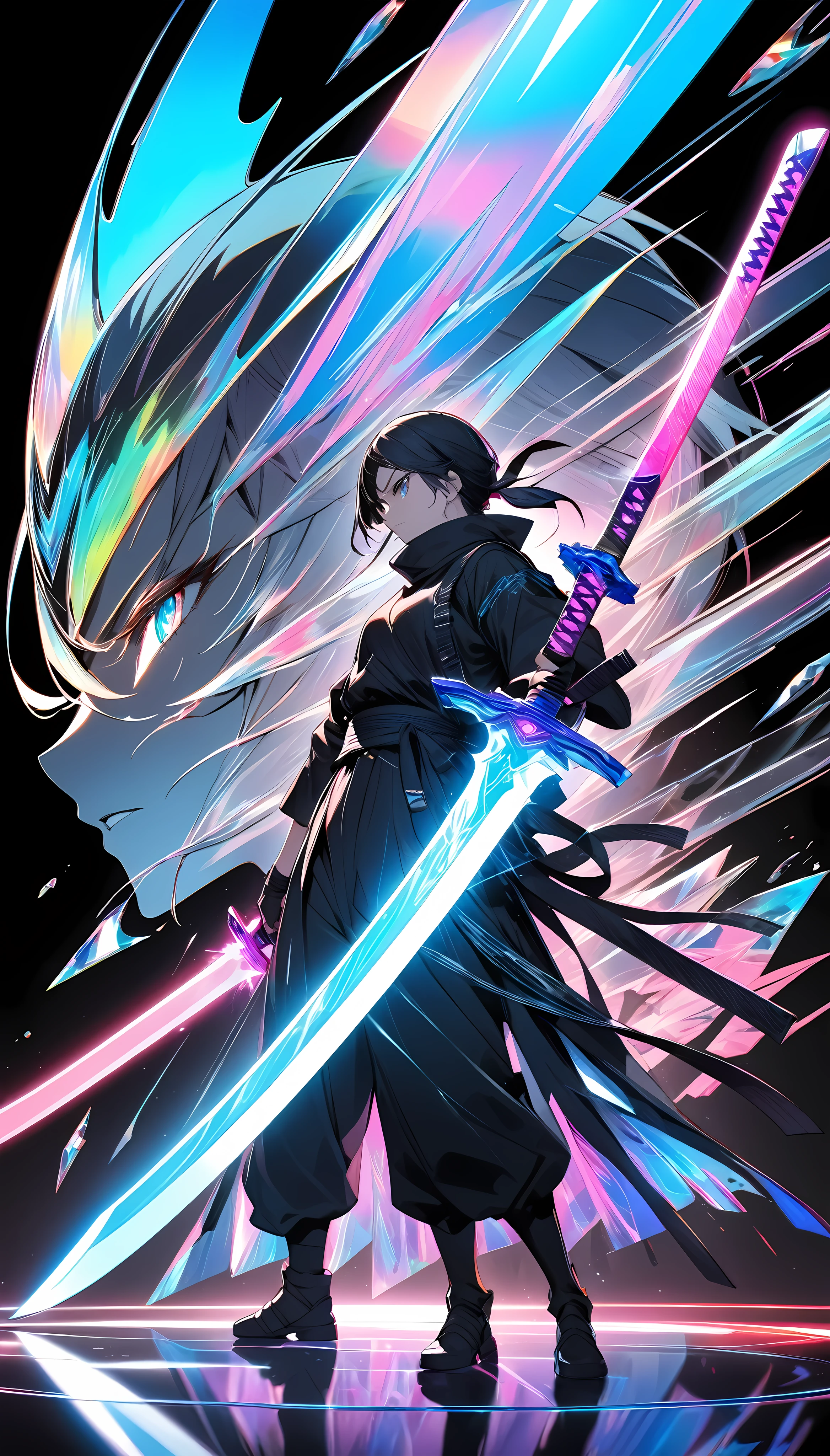 Ultimately transparent quality, Crystal clear expression, Dramatic production, Simple Art, Neon design on a black background, Showdown, The violent impact of the ninja sword, Holographic reflections convey the decisive moment, Convey grandeur and suspense with minimal information, Simple Art,