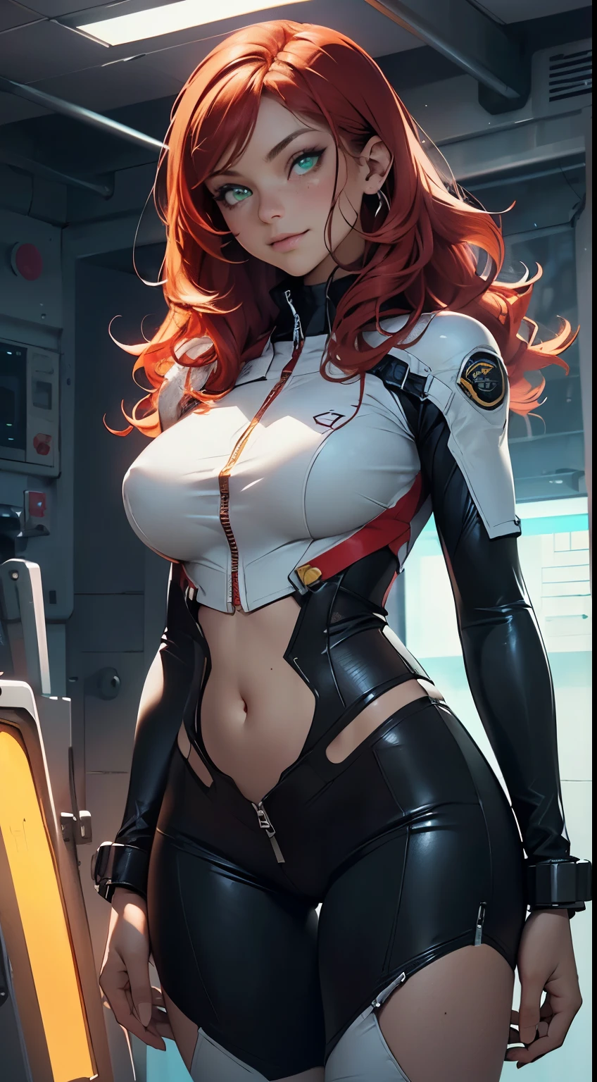 rear view, backside view, sandy hair, fit body, large breasts, slender thighs, slender waist, pilot suit, solo, looking away from the viewer, in space long hair, blushing, slight smile, 8k, extreme detail, sharp detail on face, beautiful face,