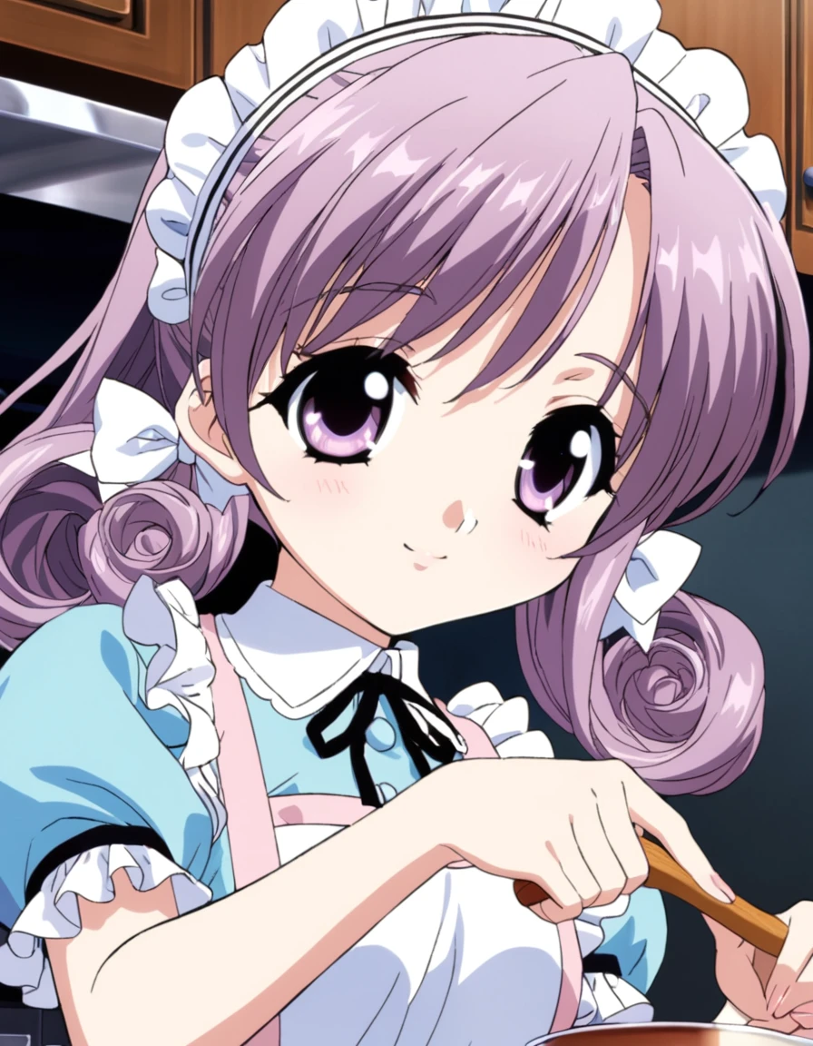 shirayuki, pastel purple hair, curly hair, hair bow, cute girl, petite, small smile, (close up face), frilly maid dress, apron dress, (cooking), kitchen, absurdres, (best quality, masterpiece), ultra detailed anime screencap, 