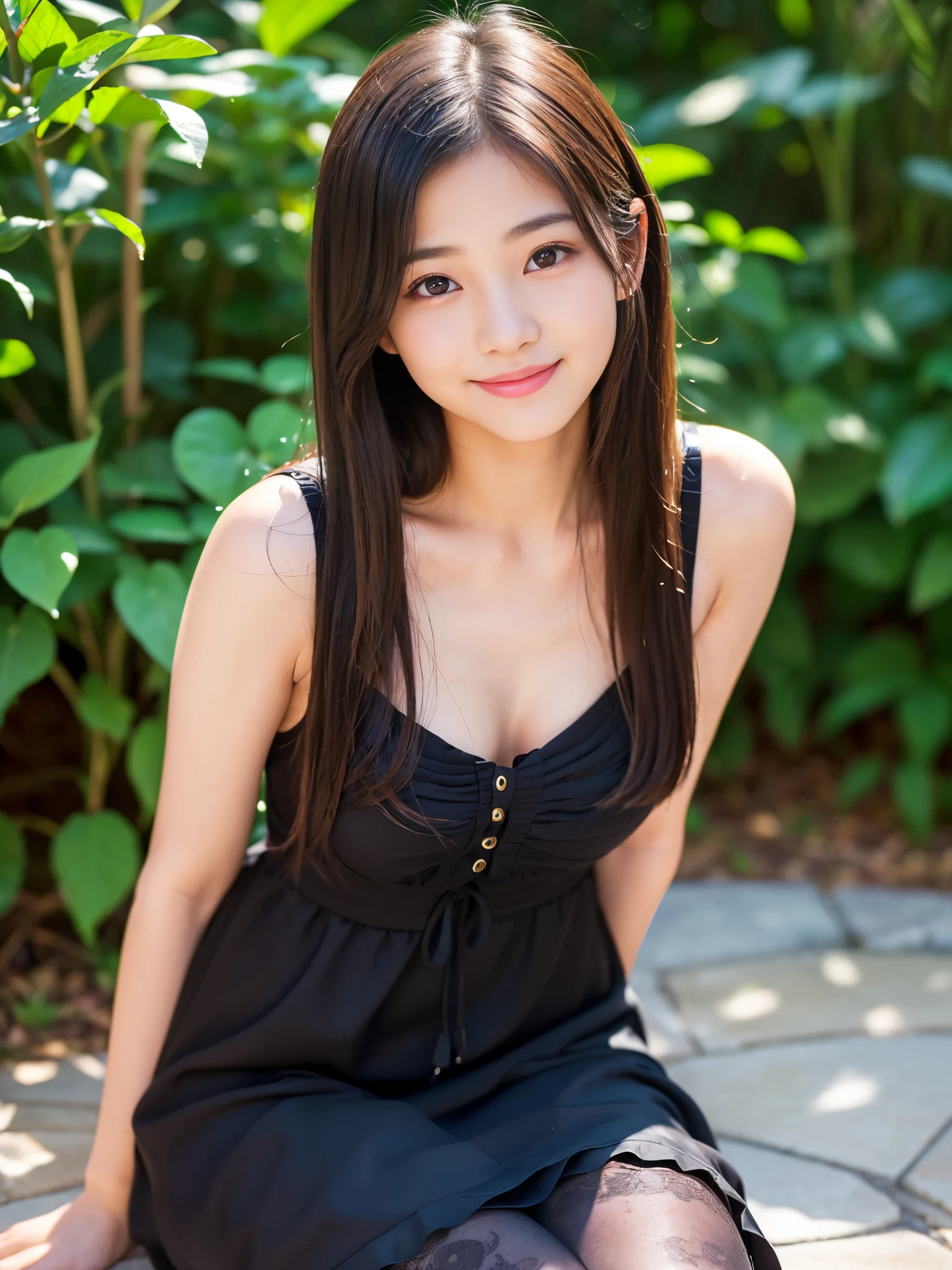 (Best-quality, Masterpiece, Ultra-High-Resolution, (Photorealistic:1.4), Raw Photo, depth of field, professional lighting), (1girl, the most famous -yeld Japse-idol, ((looking at viewer, innocent smile))), (((extremely adorable and extremely attractive face like the most popular 15-years-o Jae-idol, (((loveliest round-eyes, biggest dark-eyes))), (((extremely realistic skins, extremely beautiful skins))), ((long-eyelashes, moist-lips, long-straight-black-hair, extremely beautiful body, extremely beautiful thighs)), ((wearing extremely cute dress):1.3)