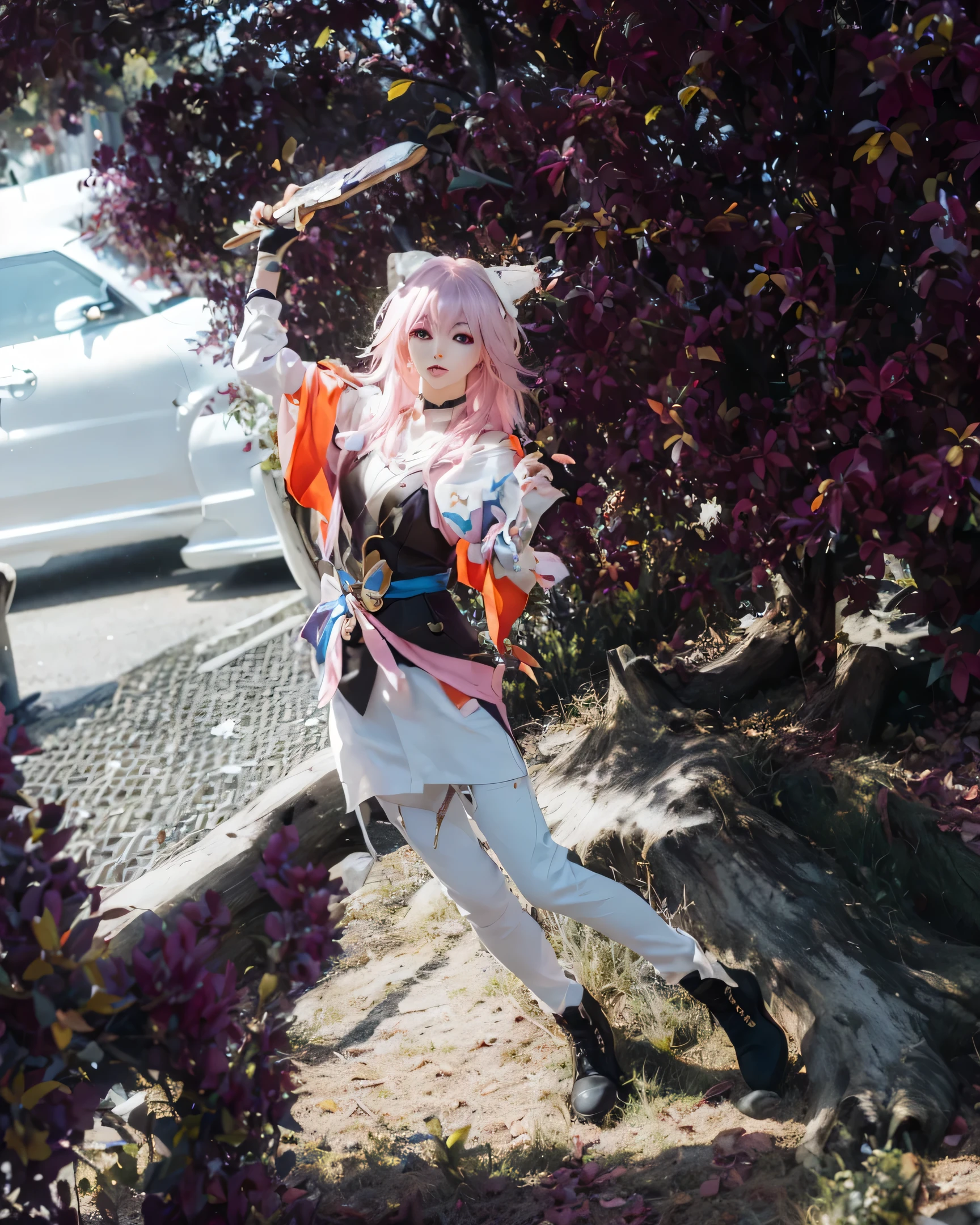 ( march_7th_\(hunt\)_\(honkai:_star_rail\),),((realistic, photorealistic)),(highlight hair)), Light reflection, (( HD )),((upper body)), (((best quality, masterpiece))), (masterpiece) (best quality) (detail) (8k) (HDR) (wallpaper) (cinematic lighting) (sharp focuasterpiece, best quality: 1.1), Real life adaption of this character, realistic outfit, realistic shadow, realistic light, realism, hyper realistic, realistic background,realistic hair,(photorealistic:1.2), (masterpiece: 1.2), (best quality: 1.3), (clear details: 1.3), ((((ultra-detailed)))), ((detailed eyes)), (extremely detailed face:1.4), (highly detailed eyelash:1.6), Ada_re4, (sitting),(beautiful face:1.5), (Masterpiece, Top Quality: 1.2), masterpiece, best quality, highrens, 4k resolution, minimalism, 1 girl,solo,Japanese background, cherry blossoms, felled trees, pink hair, highlight glow effect, sunlight
