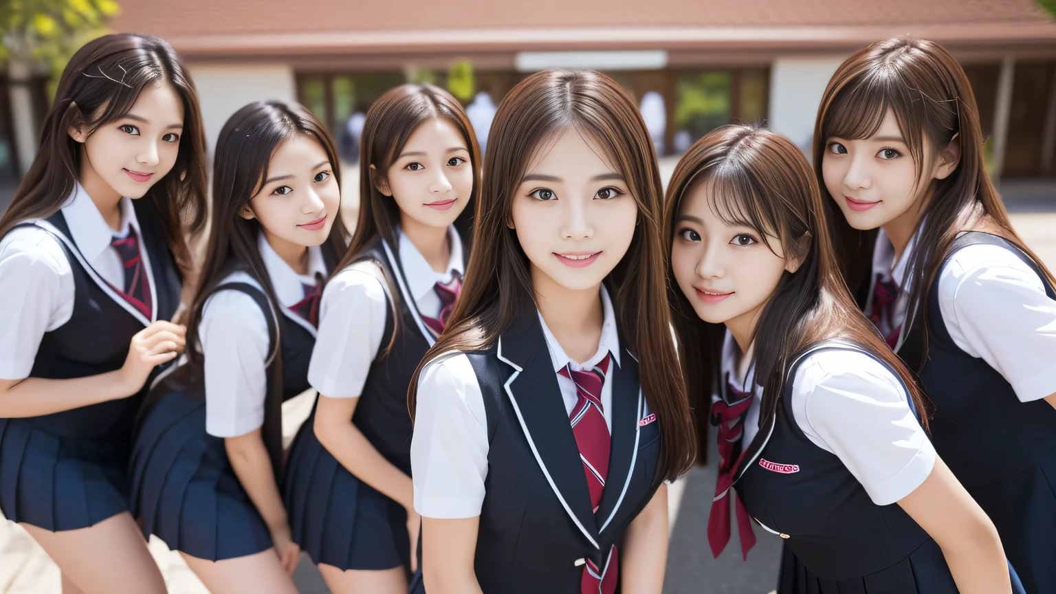 ((super high quality、High resolution、masterpiece、 Anatomically correct、Super detailed photos、Ultra-realistic photos、 Highest quality))、(3girl)、(from front)、group photo、(portrait shot)、((school uniform))、looking at viewer、(huge breast)、medium brown hair、