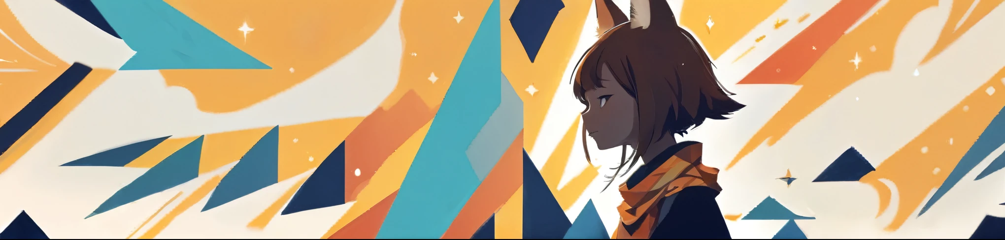 PORTRAIT OF A GIRL,1GIRL, illustration-style,modern, striking composition,sleek lines, unique pattern,abstract elements,geometric shapes,GEOMETRIC LOGO, , , expressive strokes , ,ANIMAL EARS, ANIMAL NOISE,CAPYBARA EARS, ANIMAL NOISE,ANIMAL headwear,SMILE, HALF CLOSE EYES, BROWN AND WHITE ANIMAL EARS,BROWN HAIR,((SILHOUETTE:2)),SIDE VIEW,FANTASY,(EPIC), SPARKS,VIBRANT, KEMONOMIMI,