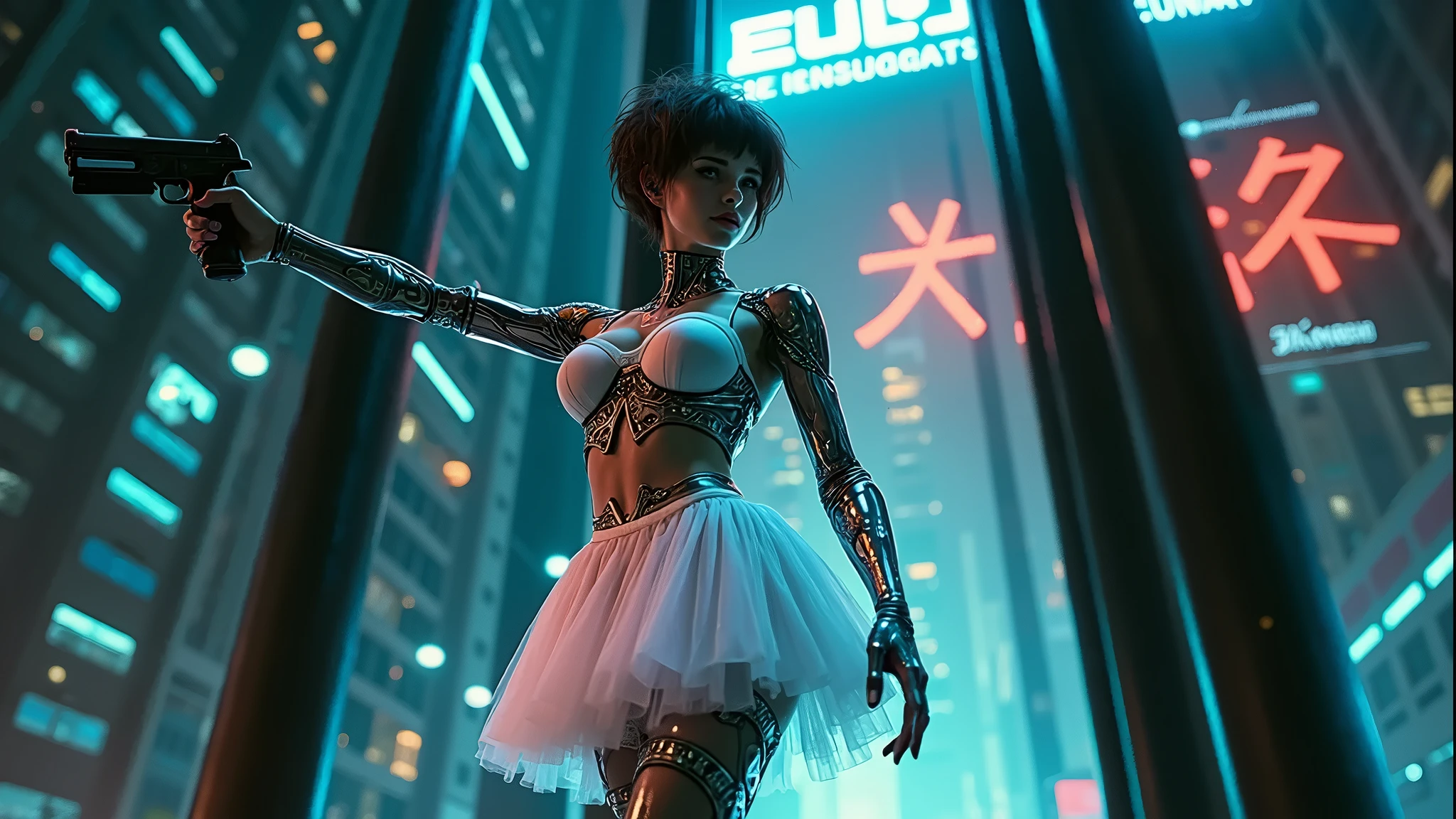 masterpiece, ethereal beauty, ethereal, cyberpunk, ultra realistic, woman 38 years, Like a Yael Shelbia, 3d, 3d rendering, porcelain, latex, Best quality, human anatomy, real hair, short hair, asymmetrical cut hair, moving hair, huge breasts, human anatomy, posing for photo, translucent, (ethereal, dreamlike), formidable, 8k wallpaper --auto --s2